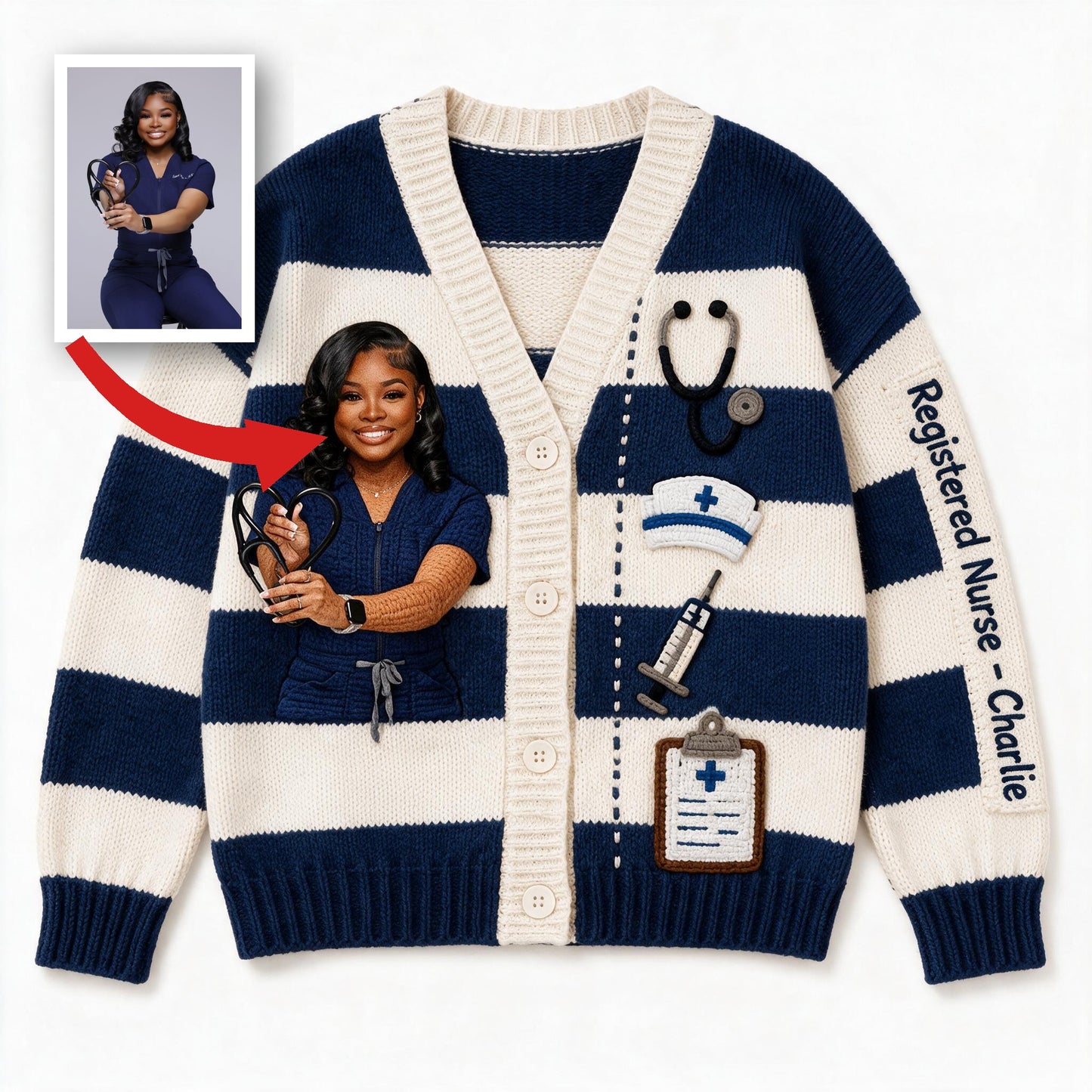 Personalized Registered black Nurse Life Striped Knit Cardigan Sweater, Thoughtful Appreciation Gift for Healthcare Workers