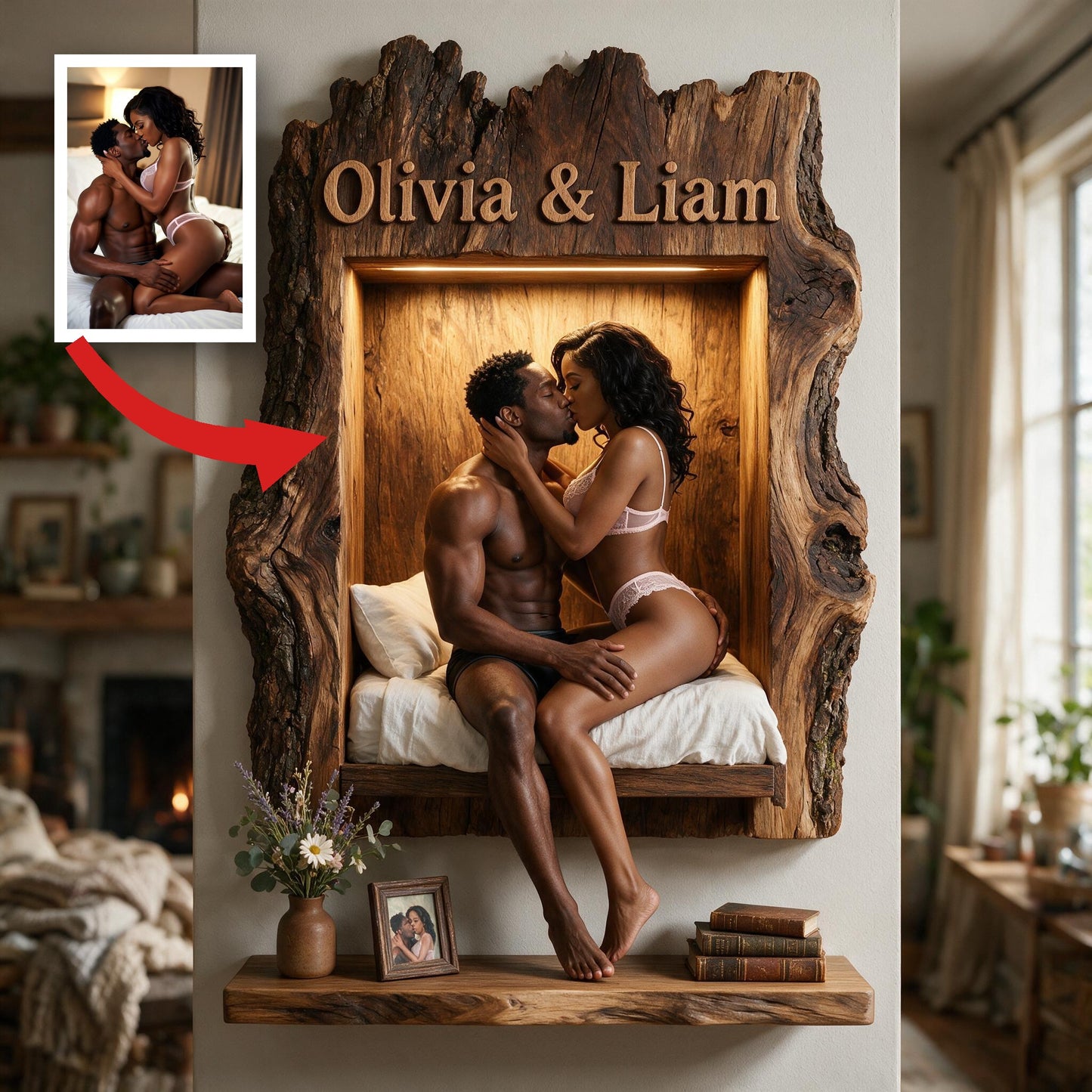 Personalized Romantic Naughty Black Couple Live Edge Wooden Floating Shelf Custom Wall Decor Gift for Valentine's Day, Anniversaries