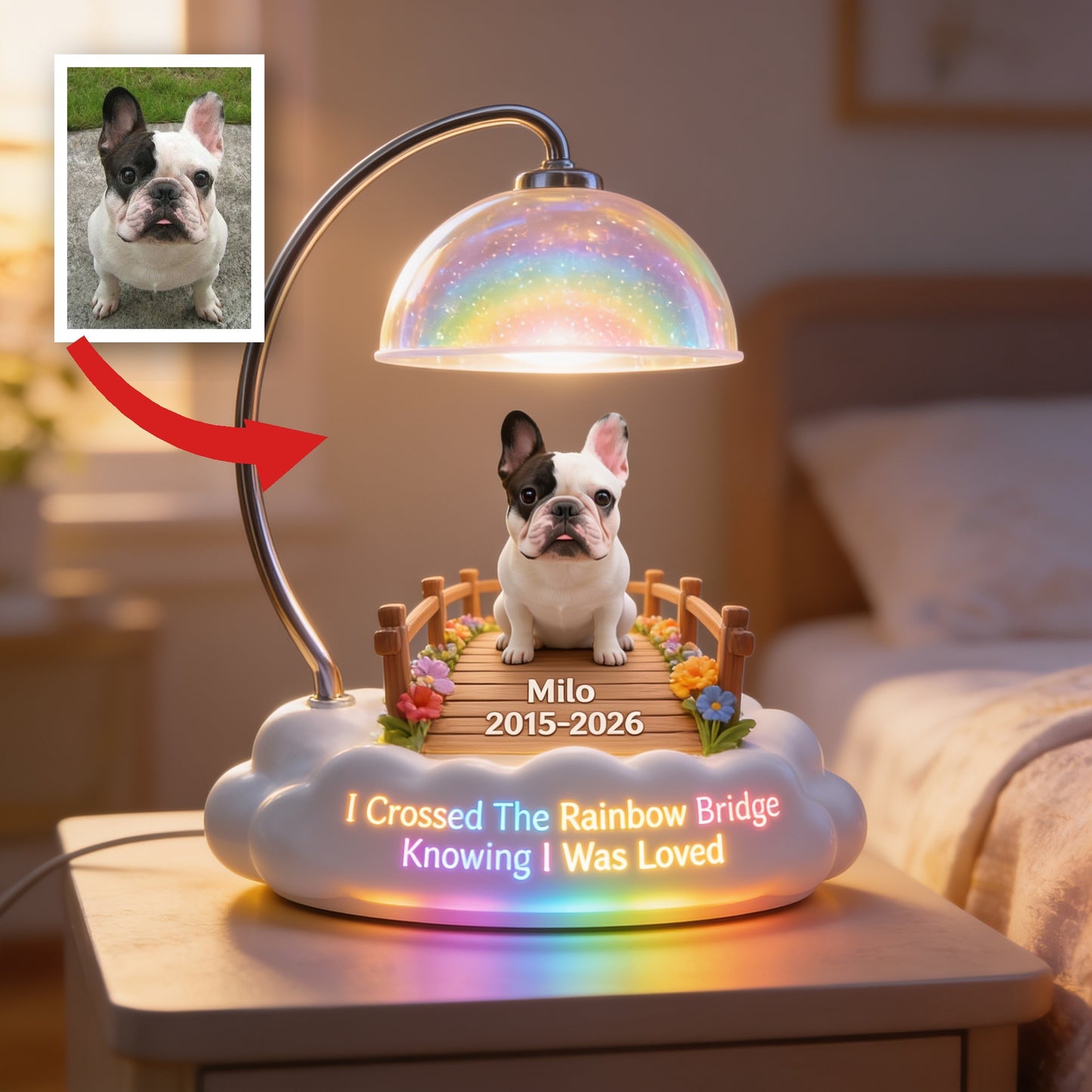 Personalized French Bulldog Rainbow Bridge Memorial Acrylic LED Night Light, Pet Loss Sympathy Keepsake Gift