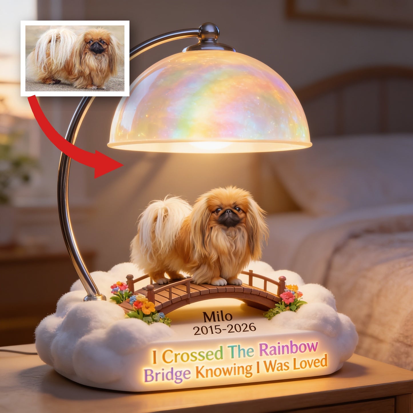 Personalized Long Haired Shih Tzu Rainbow Bridge Memorial Acrylic LED Night Light, Pet Loss Sympathy Gift