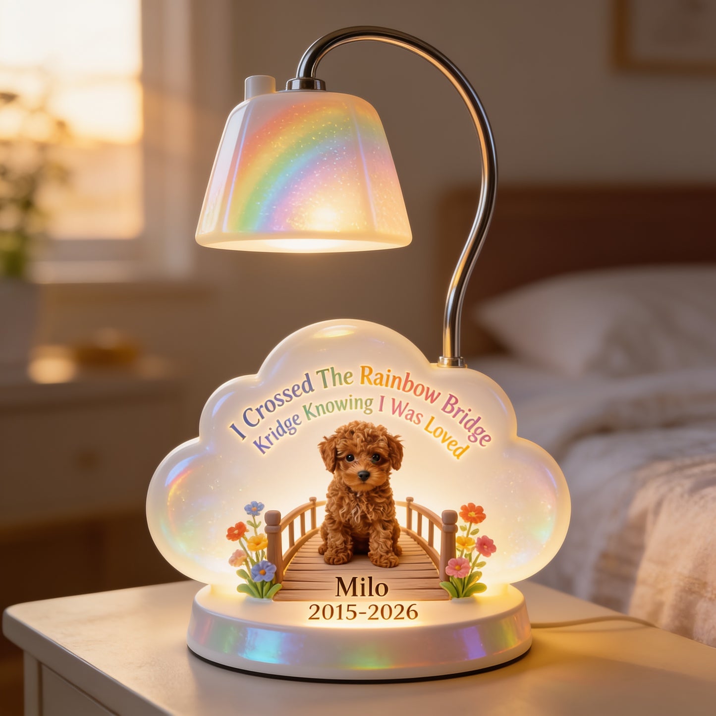 Personalized Curly Brown Poodle Rainbow Bridge Memorial Acrylic LED Night Light, Pet Loss Keepsake Gift