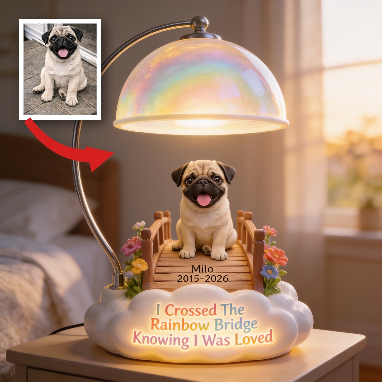 Personalized Fawn Pug Rainbow Bridge Memorial Acrylic LED Night Light, Custom Pet Loss Keepsake Gift for Dog Owners