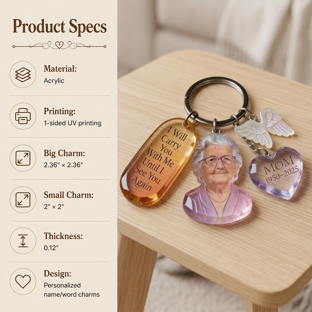 Custom Latin Woman Portrait Acrylic Memorial Keychain with Angel Wing Charms - Personalized Remembrance Sympathy Gift for Loved Ones