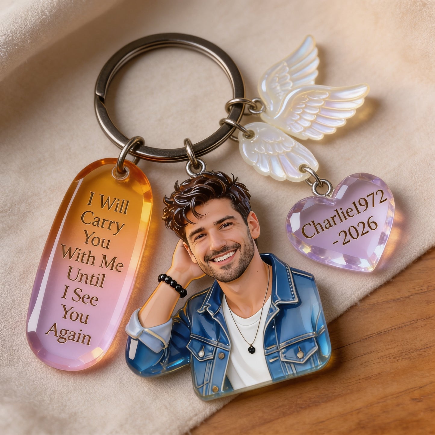 Personalized Custom Man Portrait Memorial Keychain with Angel Wing Charms, Sympathy Remembrance Keepsake Gift