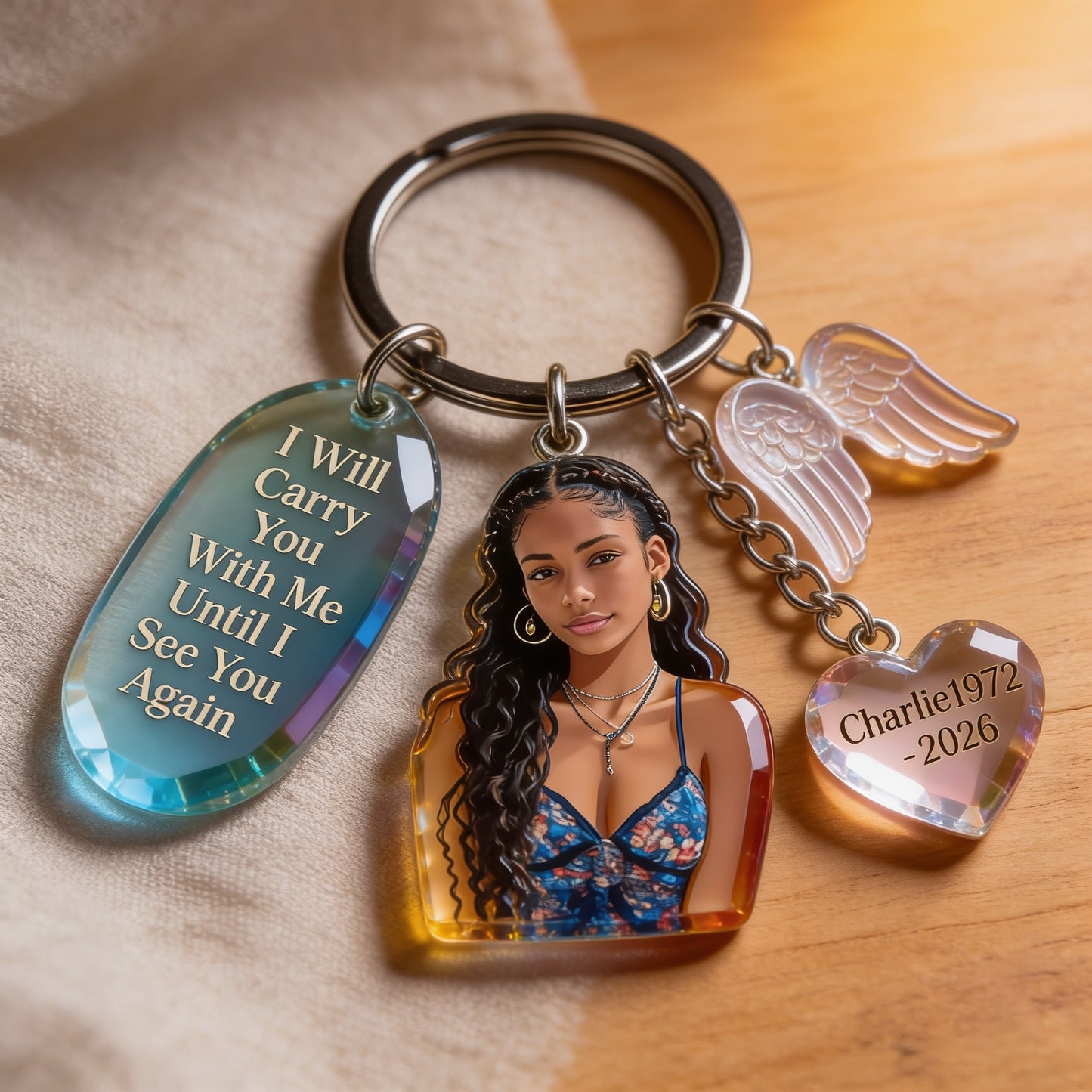 Custom Latin Woman Portrait Acrylic Memorial Keychain with Angel Wing Charms - Personalized Remembrance Sympathy Gift for Loved Ones