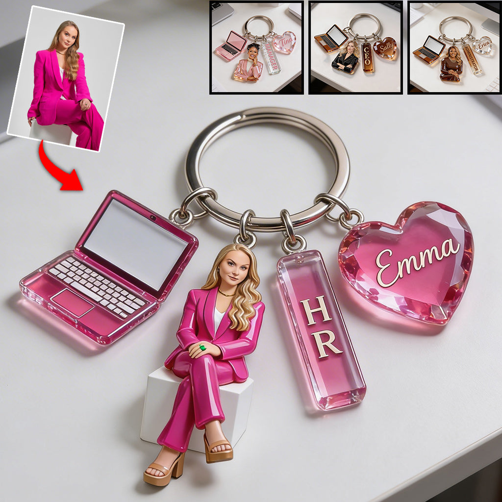 Personalized Black Woman Portrait Keychain, Custom Star Employee Office Appreciation Gift for Colleague with Charms