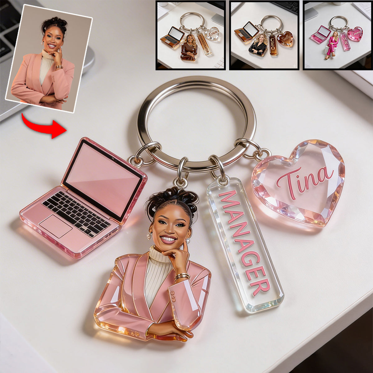 Personalized Adult Black Man Portrait Keychain, Custom Office Colleague Appreciation Gift With Themed Charms