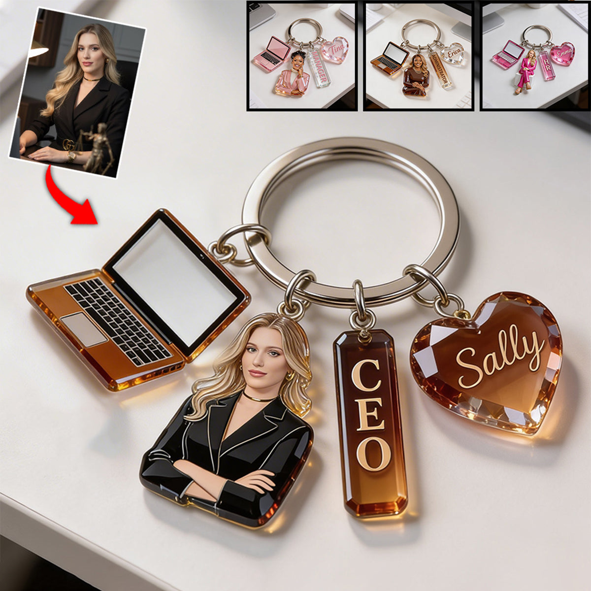 Personalized Latin Woman Colleague Portrait Keychain - Custom Office Appreciation Coworker Gift with Themed Charms