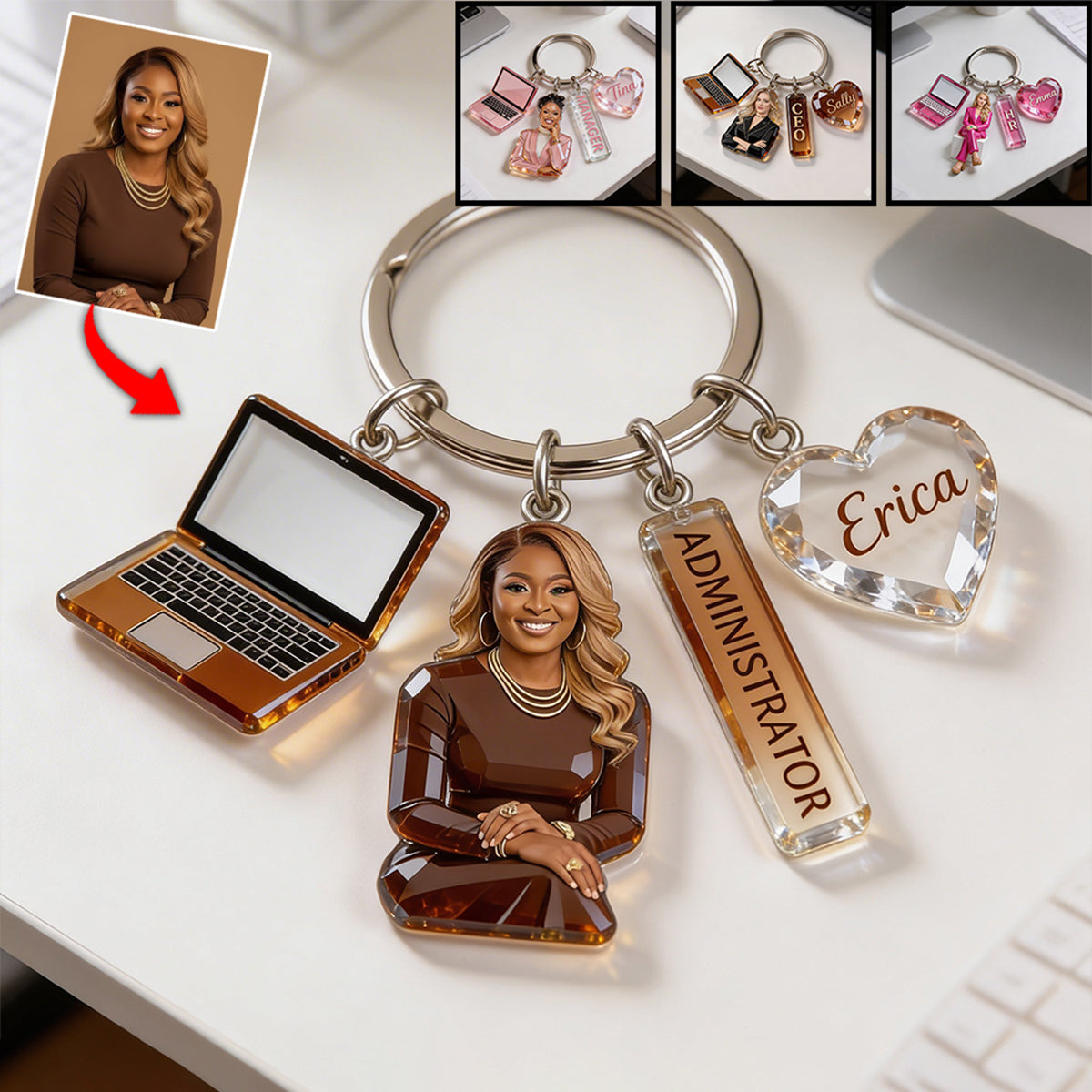 Personalized Black Woman Portrait Keychain, Custom Star Employee Office Appreciation Gift for Colleague with Charms