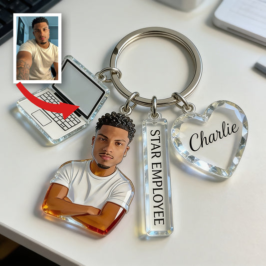 Porte-clés Portrait d'Homme Latin Personnalisé, Cadeau Appréciation Collègue de Bureau avec Charms Thématiques
