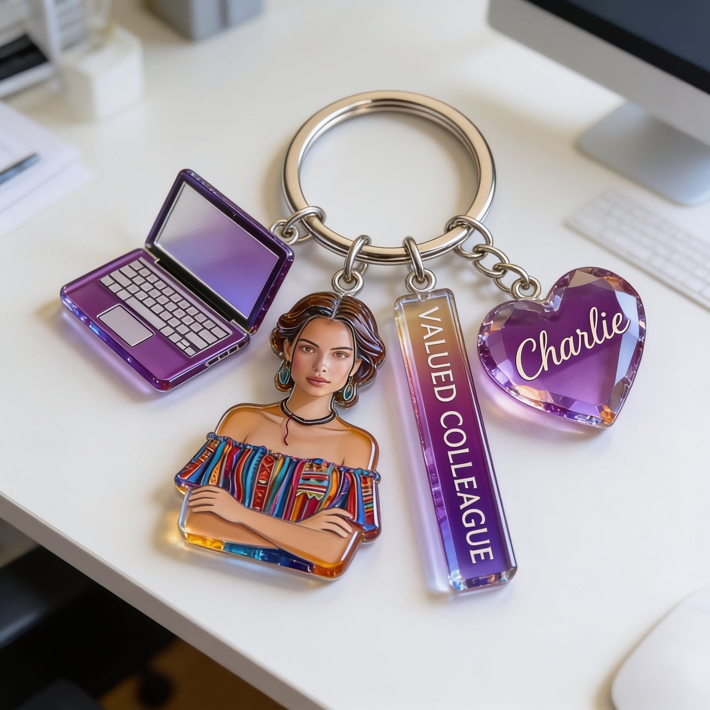 Personalized Latin Woman Colleague Portrait Keychain - Custom Office Appreciation Coworker Gift with Themed Charms