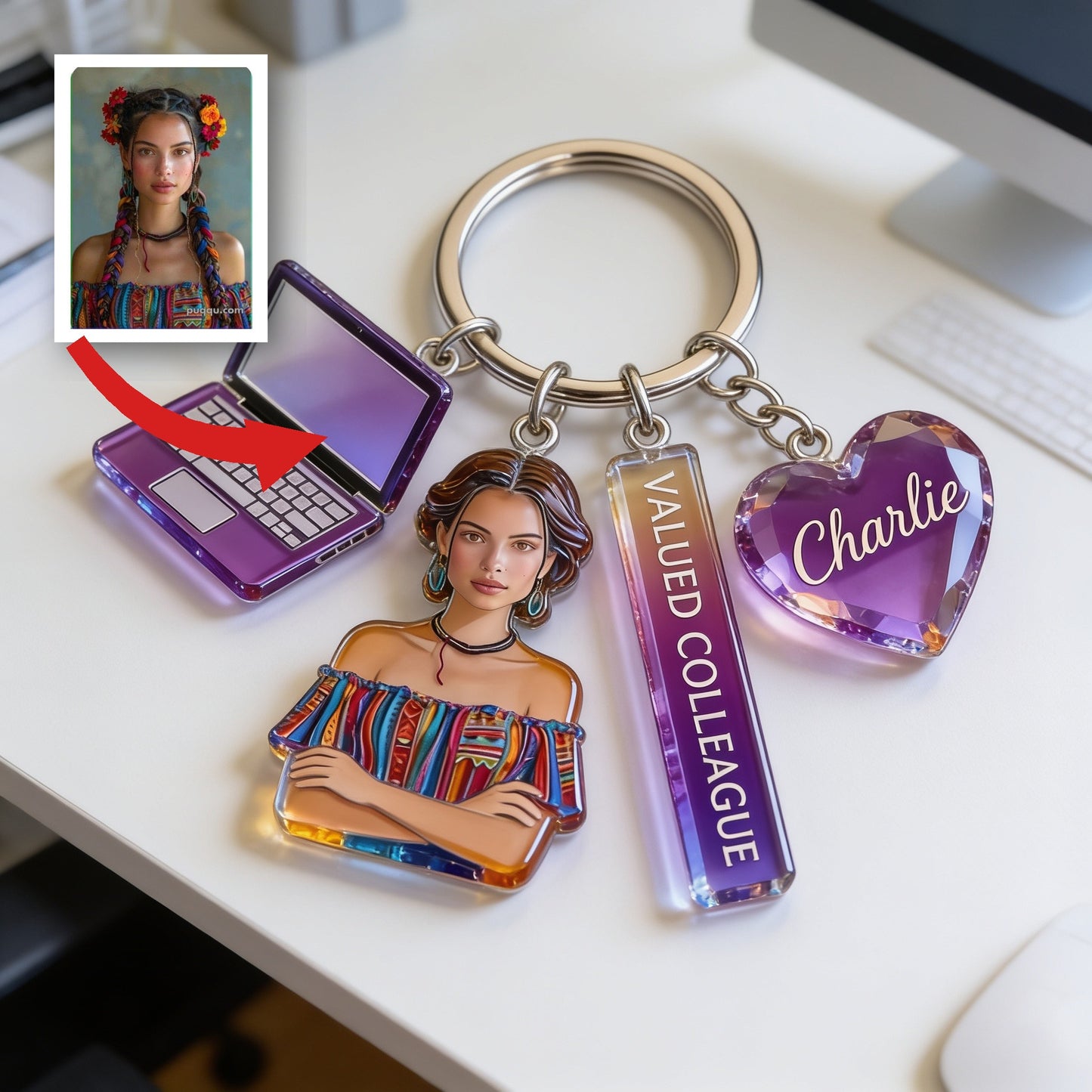 Personalized Latin Woman Colleague Portrait Keychain - Custom Office Appreciation Coworker Gift with Themed Charms