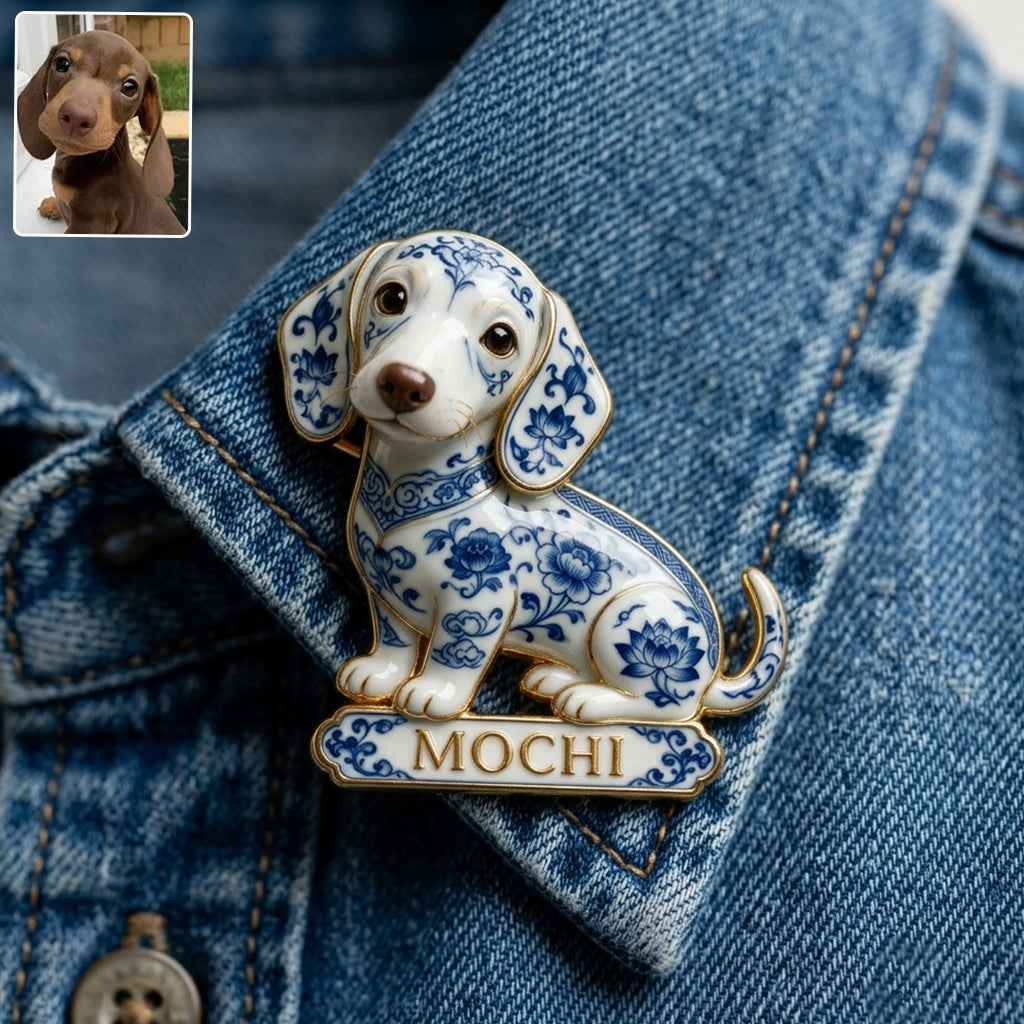 Personalized Blue & White Porcelain English Bulldog 3D Embossed Enamel Pin, Dog Lover Gift Accessory