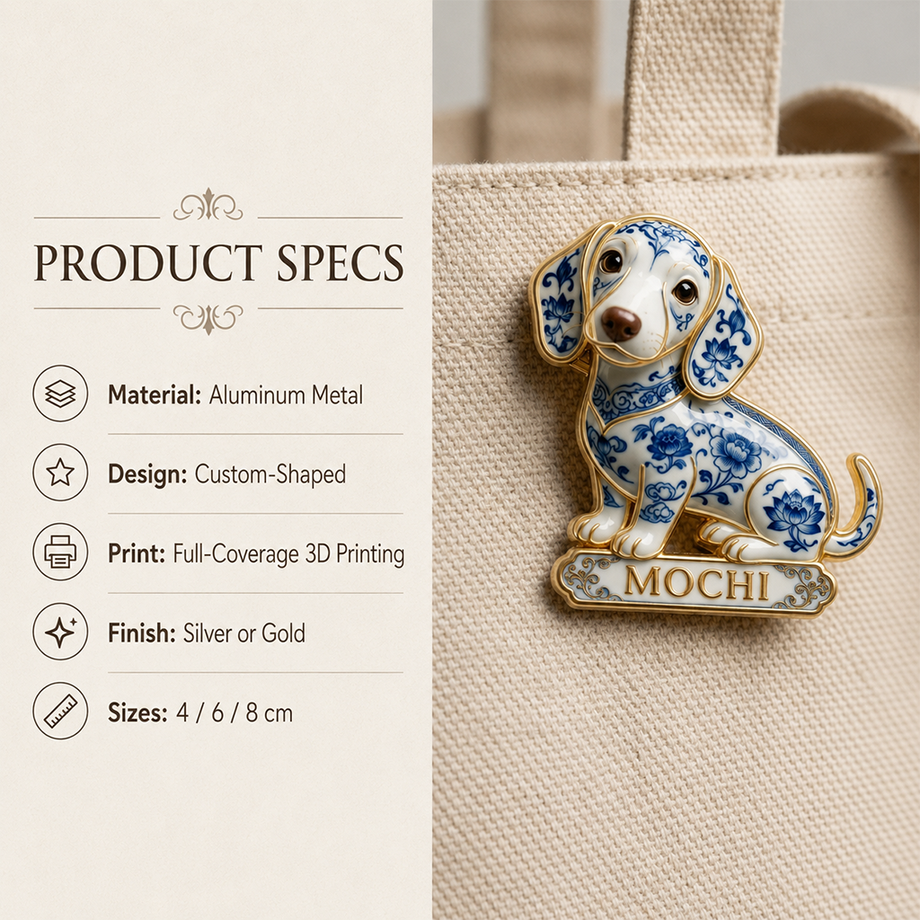 Personalized Blue & White Porcelain Chihuahua 3D Embossed Enamel Pin, Cute Custom Gift for Chihuahua Dog Lovers