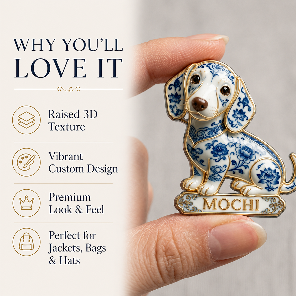 Personalized Blue & White Porcelain English Bulldog 3D Embossed Enamel Pin, Dog Lover Gift Accessory