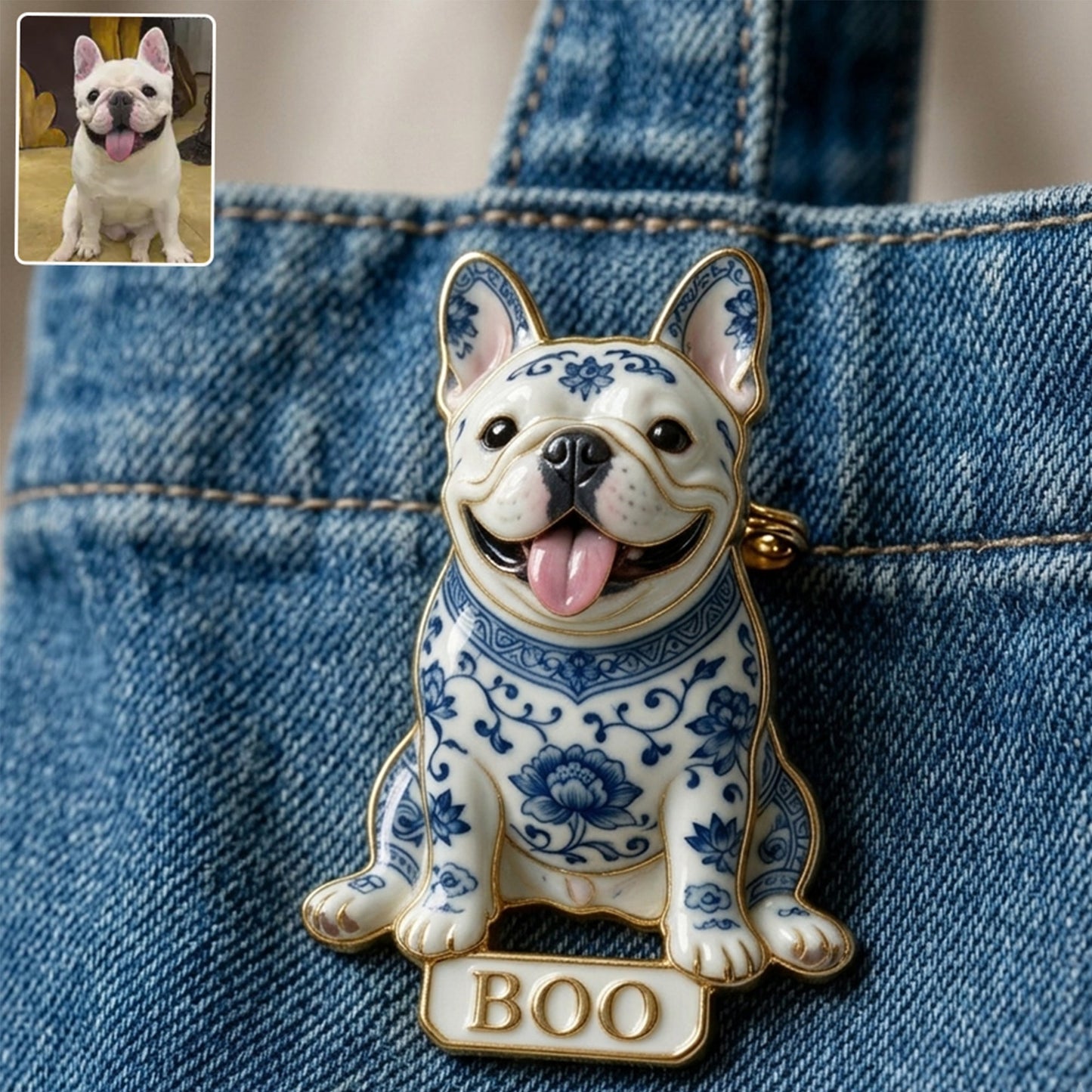Blue and White Porcelain Great Dane Personalized 3D Embossed Enamel Pin, Custom Dog Owner Gift Accessory