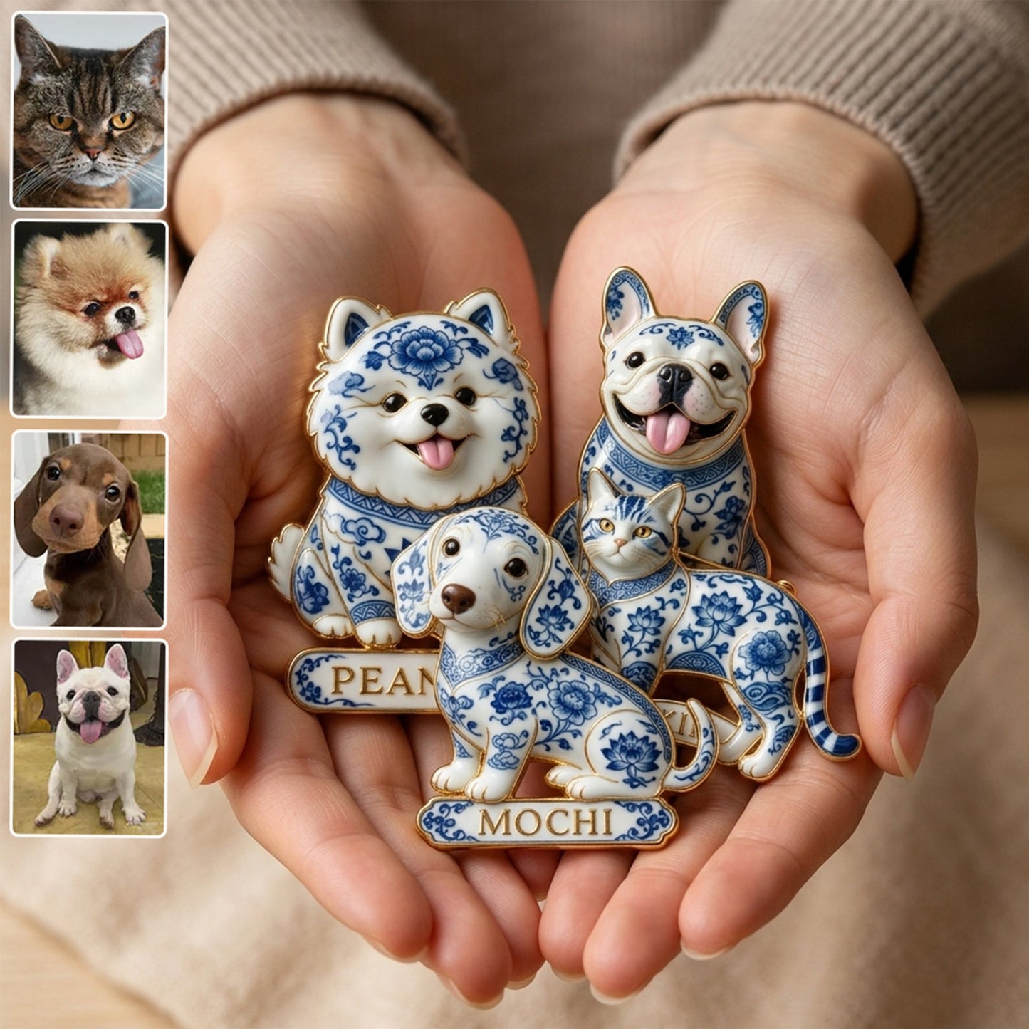 Personalized Blue & White Porcelain Chihuahua 3D Embossed Enamel Pin, Cute Custom Gift for Chihuahua Dog Lovers