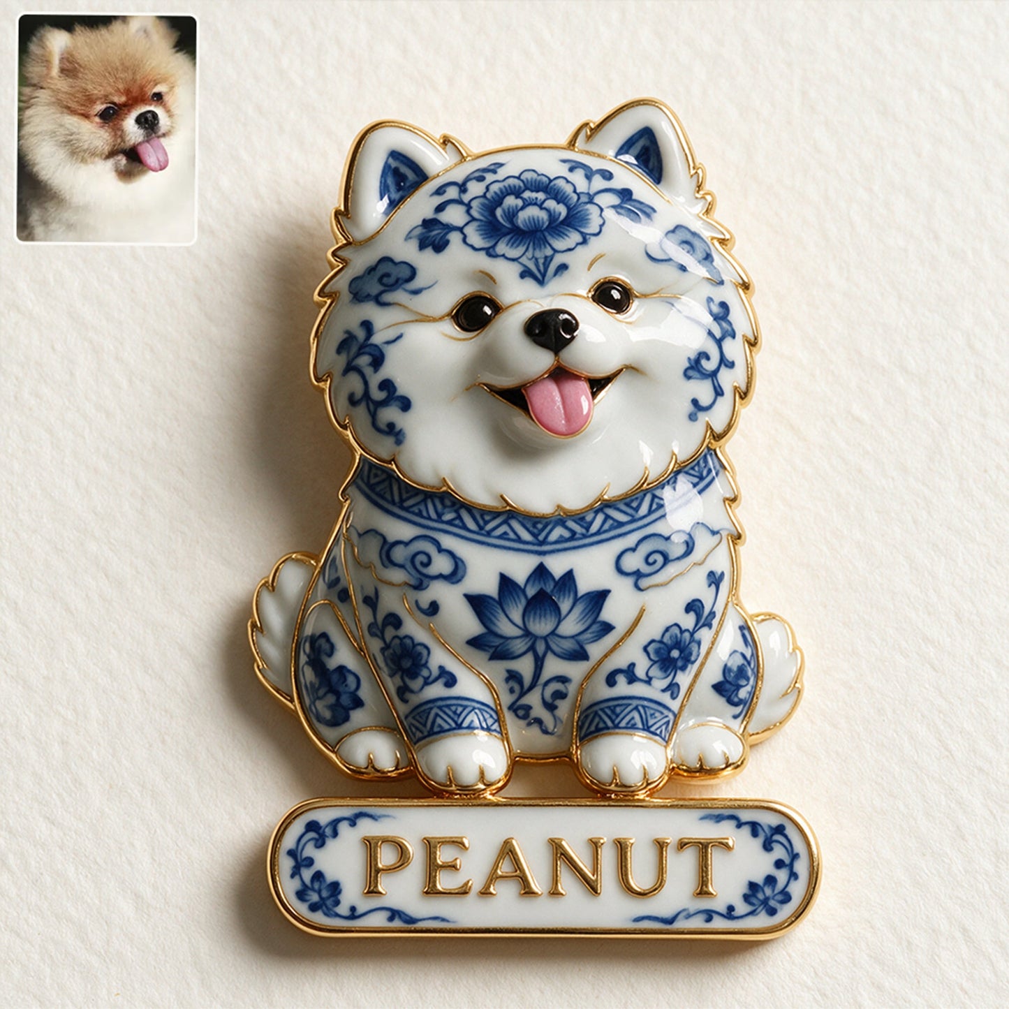 Blue and White Porcelain Pattern Greyhound Dog Personalized 3D Embossed Enamel Pin, Dog Lover Collectible Gift