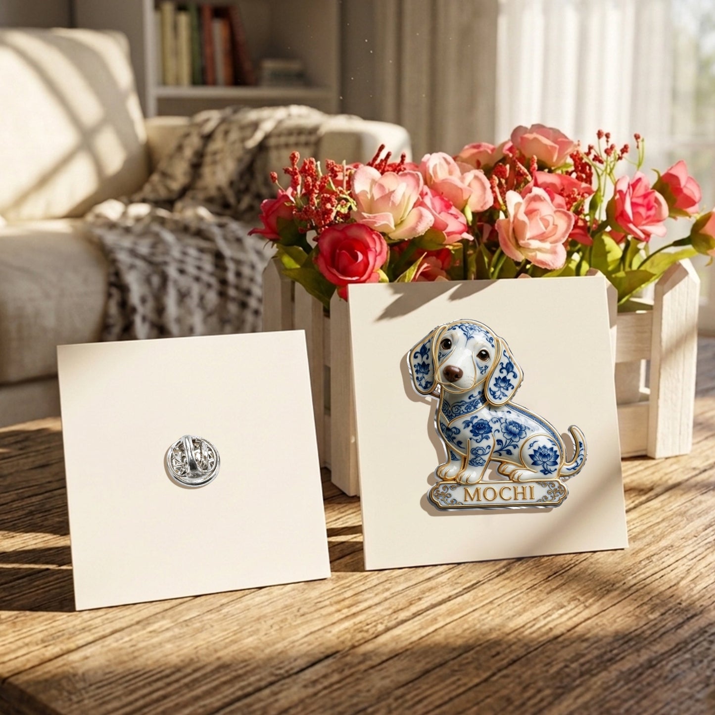 Personalized Blue & White Porcelain Chihuahua 3D Embossed Enamel Pin, Cute Custom Gift for Chihuahua Dog Lovers