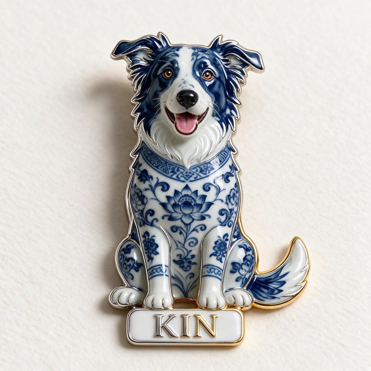 Blue and White Porcelain Border Collie 3D Embossed Enamel Pin, Personalized Custom Gift for Border Collie Dog Lovers