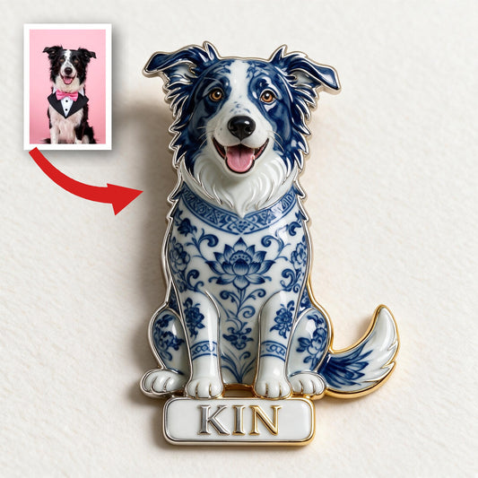 Épinglette en Émail Émaillée 3D en Porcelaine Bleue et Blanche, Cadeau Personnalisé pour Amateurs de Border Collie