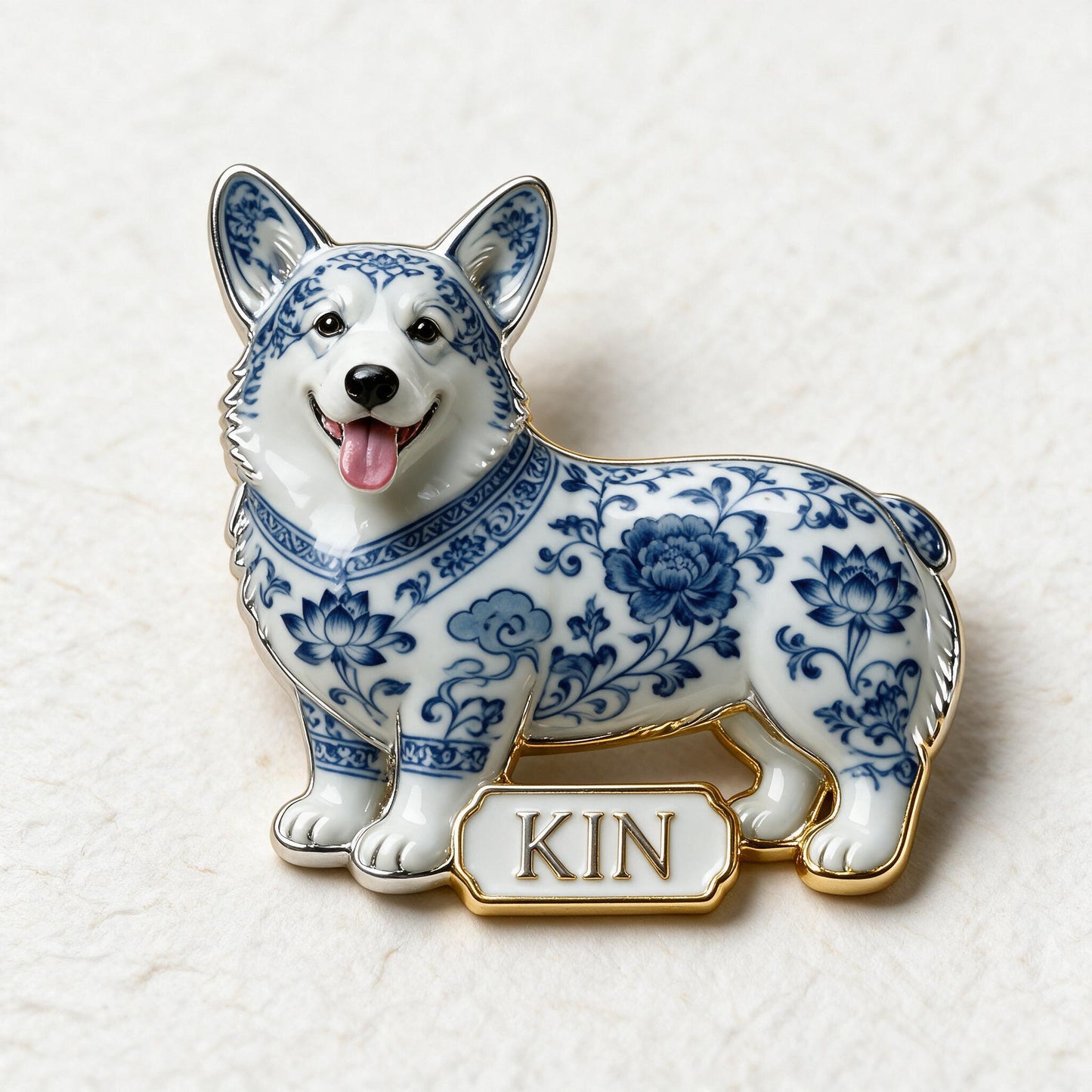 Personalized Blue & White Porcelain Welsh Corgi 3D Embossed Enamel Pin, Corgi Owner Gift Collectible Accessory