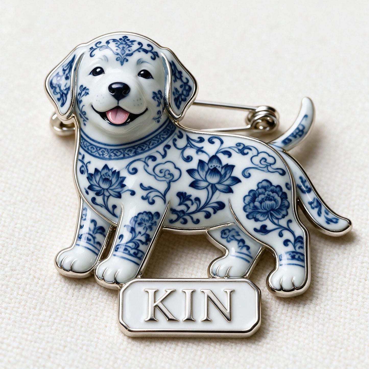 Cute Personalized Blue & White Porcelain Labrador Retriever Puppy 3D Embossed Enamel Pin, Dog Lover Gift