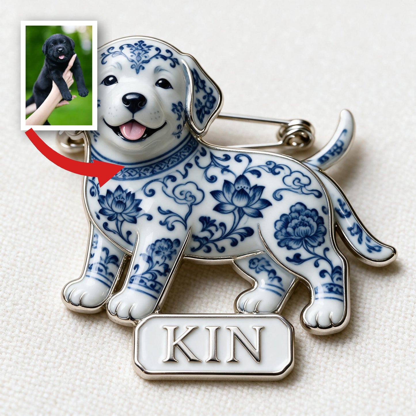 Cute Personalized Blue & White Porcelain Labrador Retriever Puppy 3D Embossed Enamel Pin, Dog Lover Gift