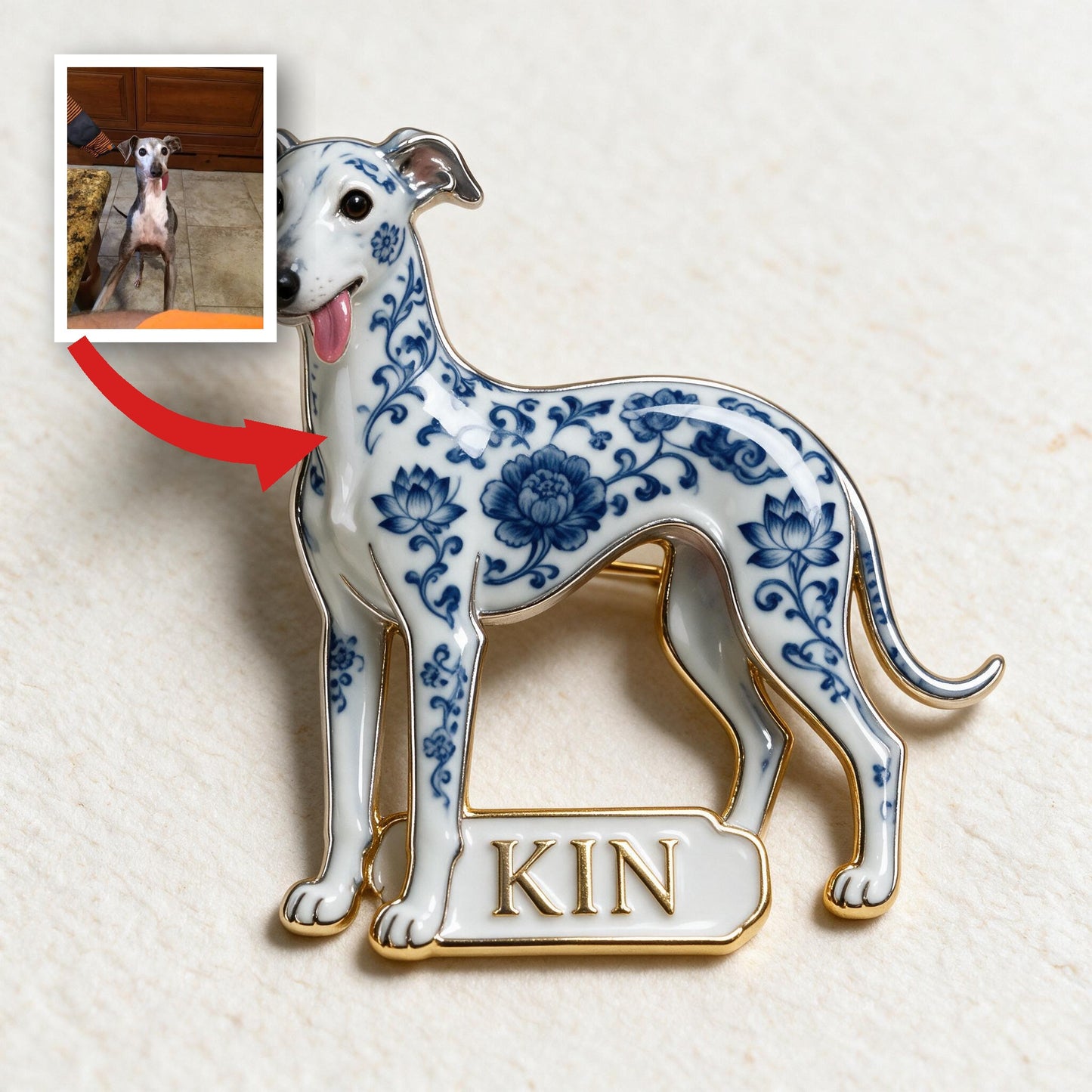 Blue and White Porcelain Pattern Greyhound Dog Personalized 3D Embossed Enamel Pin, Dog Lover Collectible Gift