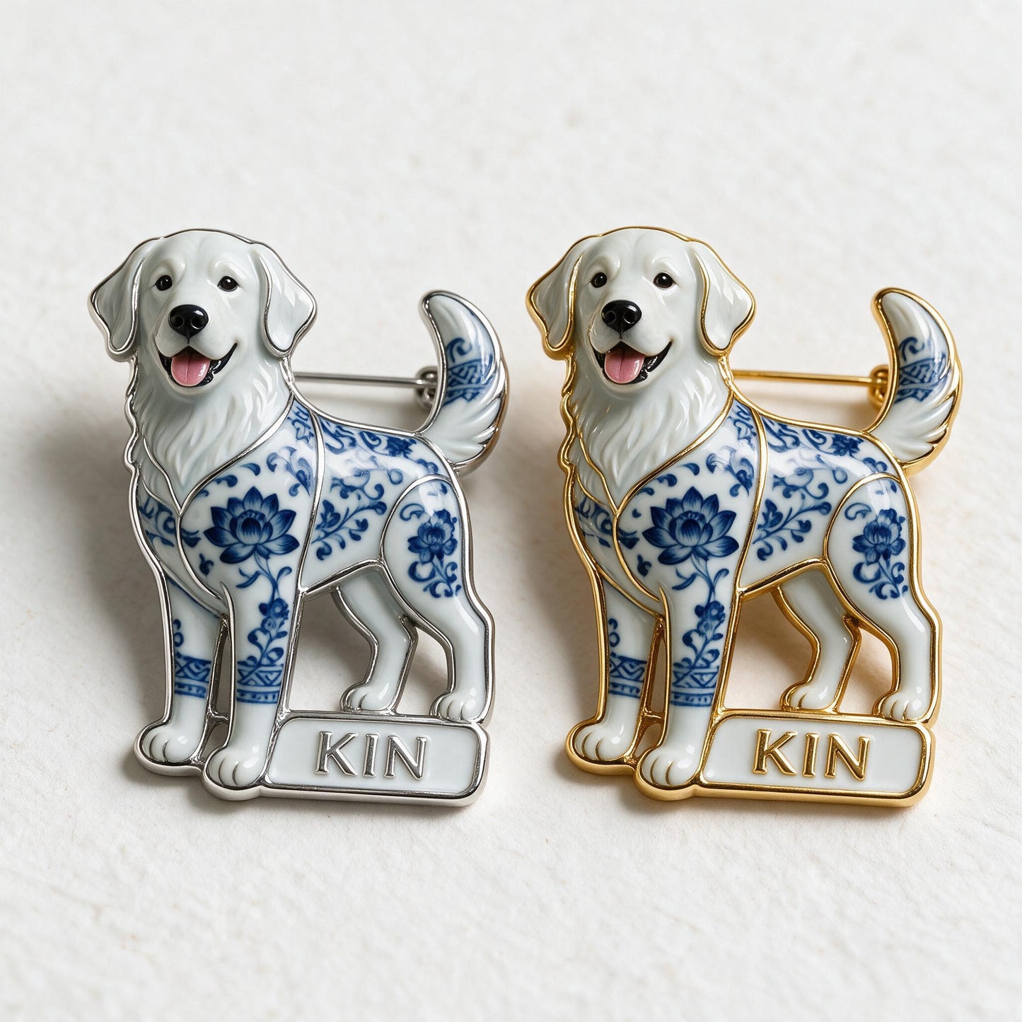 Personalized Blue & White Porcelain Golden Retriever 3D Embossed Enamel Pin, Dog Lover Gift Accessory
