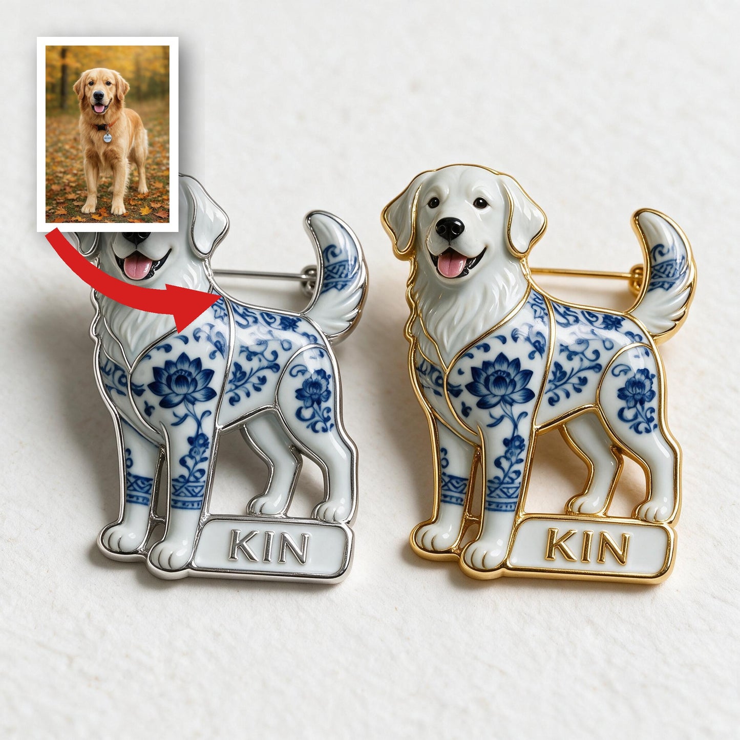 Personalized Blue & White Porcelain Golden Retriever 3D Embossed Enamel Pin, Dog Lover Gift Accessory