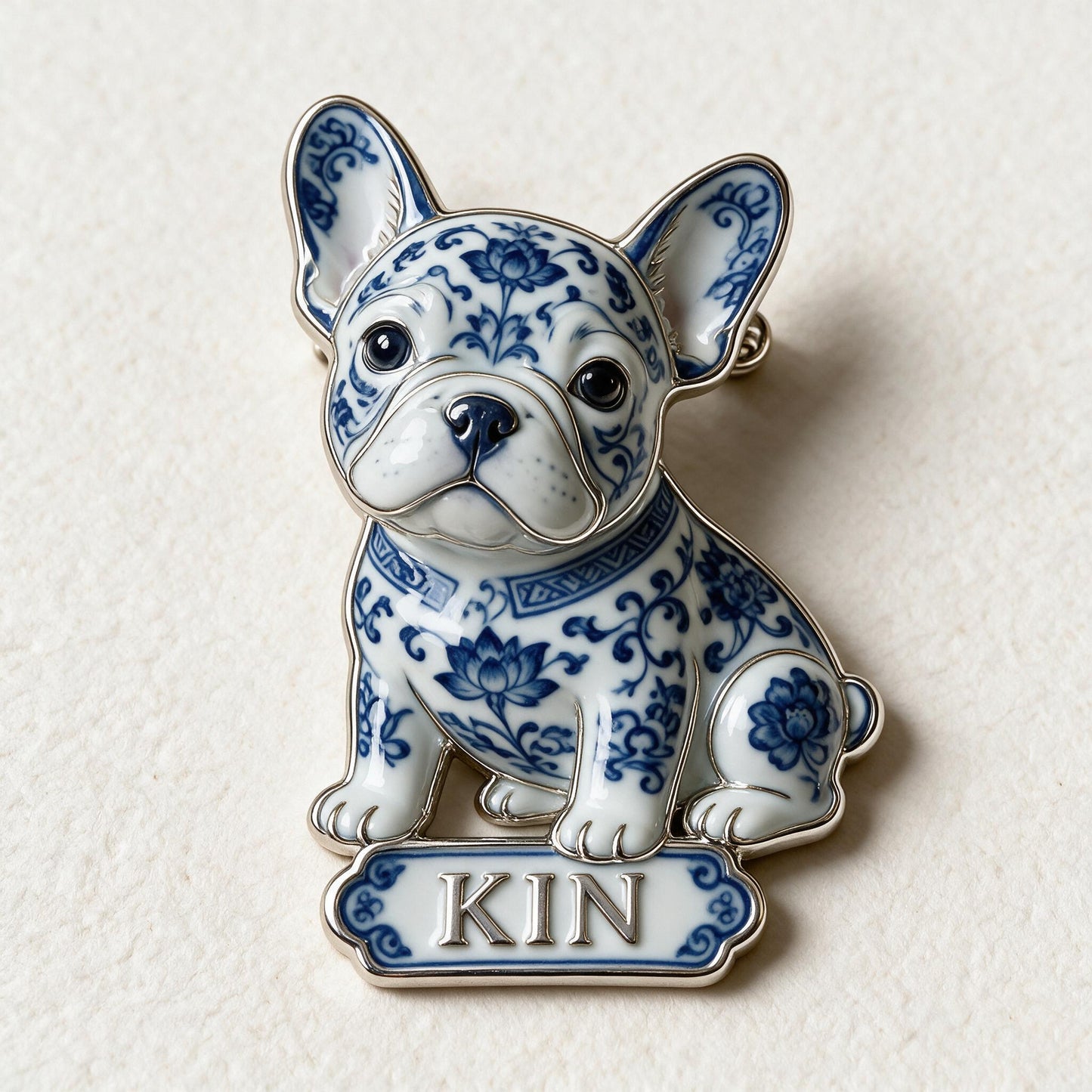Blue And White Porcelain French Bulldog Personalized 3D Embossed Enamel Pin, Custom Dog Lover Gift Accessory