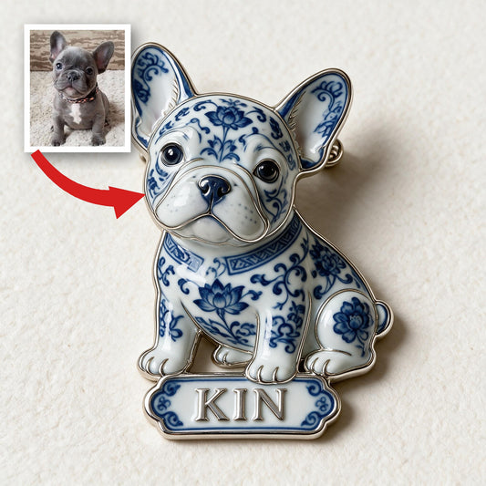 Épinglette Émaillée Personnalisée Bouledogue Français Porcelaine Bleue et Blanche