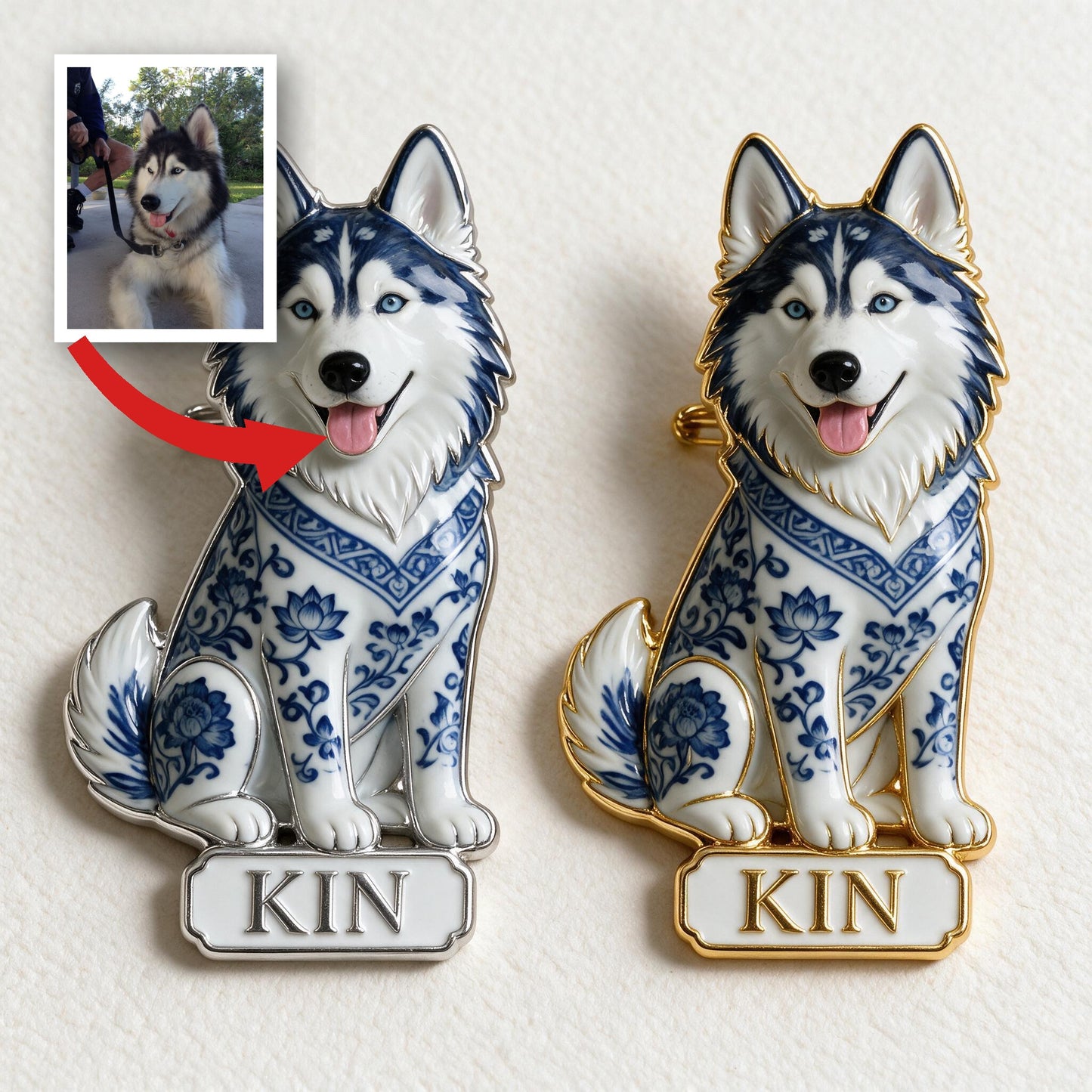 Personalized Blue & White Porcelain Siberian Husky 3D Embossed Enamel Pin Dog Lover Gift