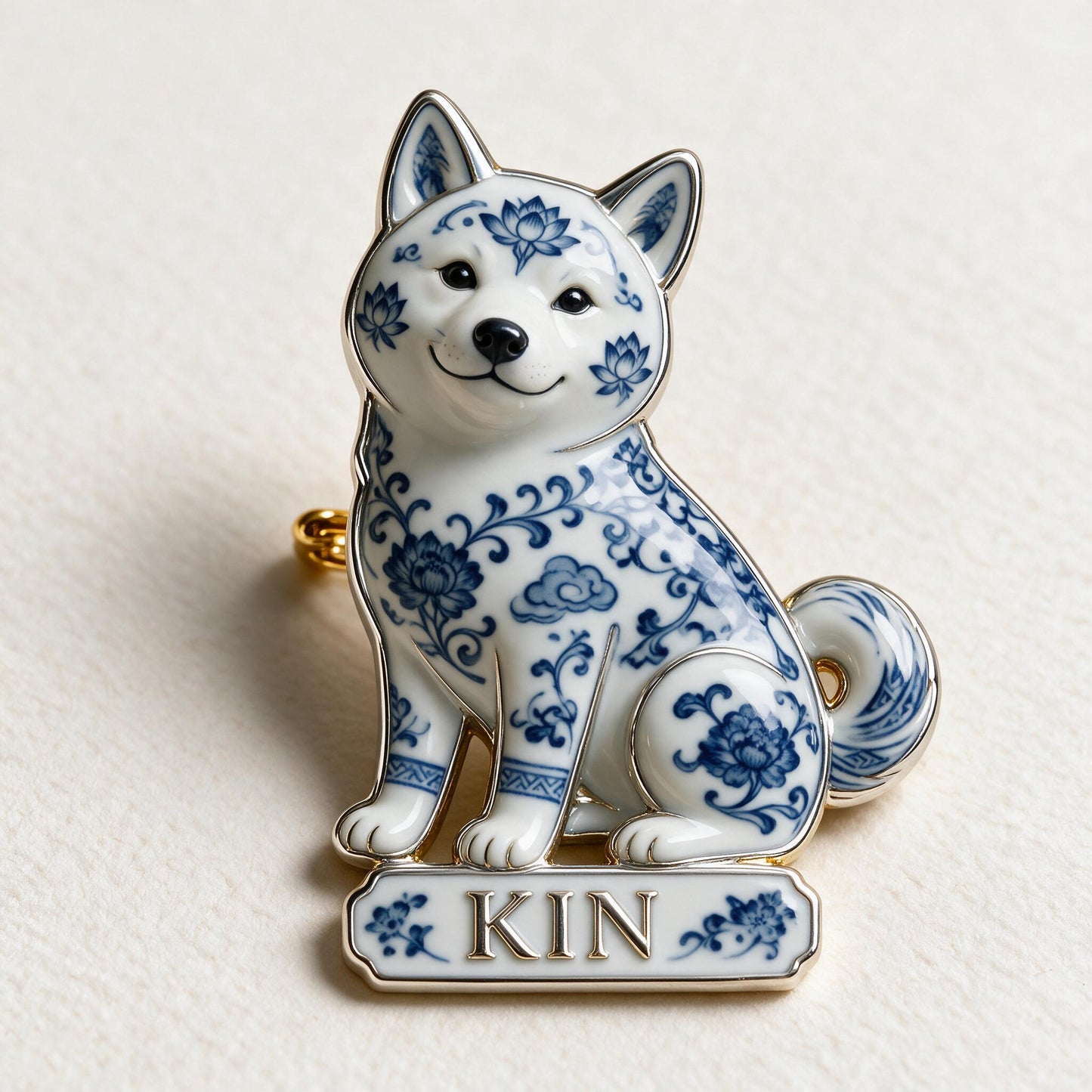 Blue & White Porcelain Sitting Japanese Akita Inu Personalized 3D Embossed Enamel Pin Dog Lover Gift