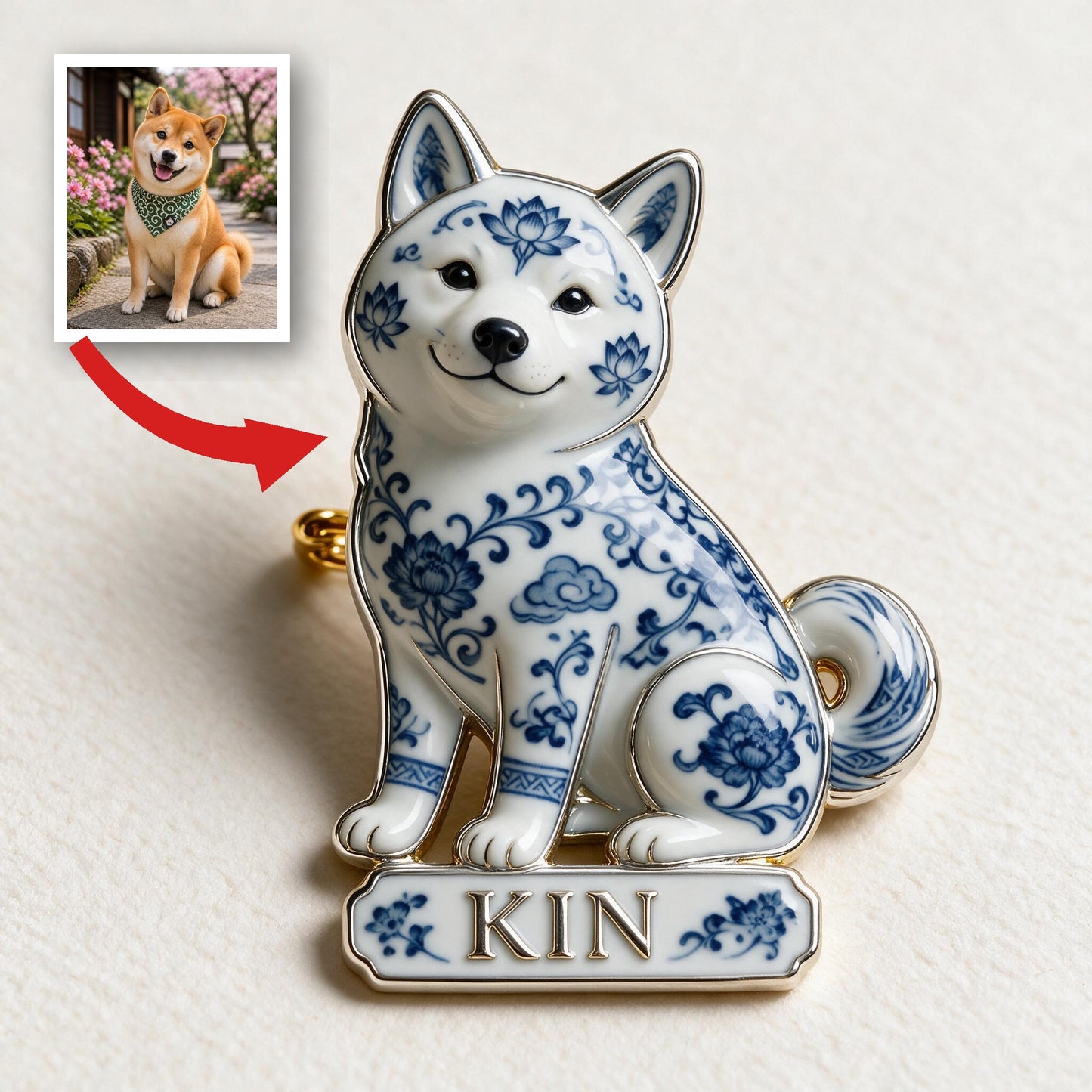 Blue & White Porcelain Sitting Japanese Akita Inu Personalized 3D Embossed Enamel Pin Dog Lover Gift