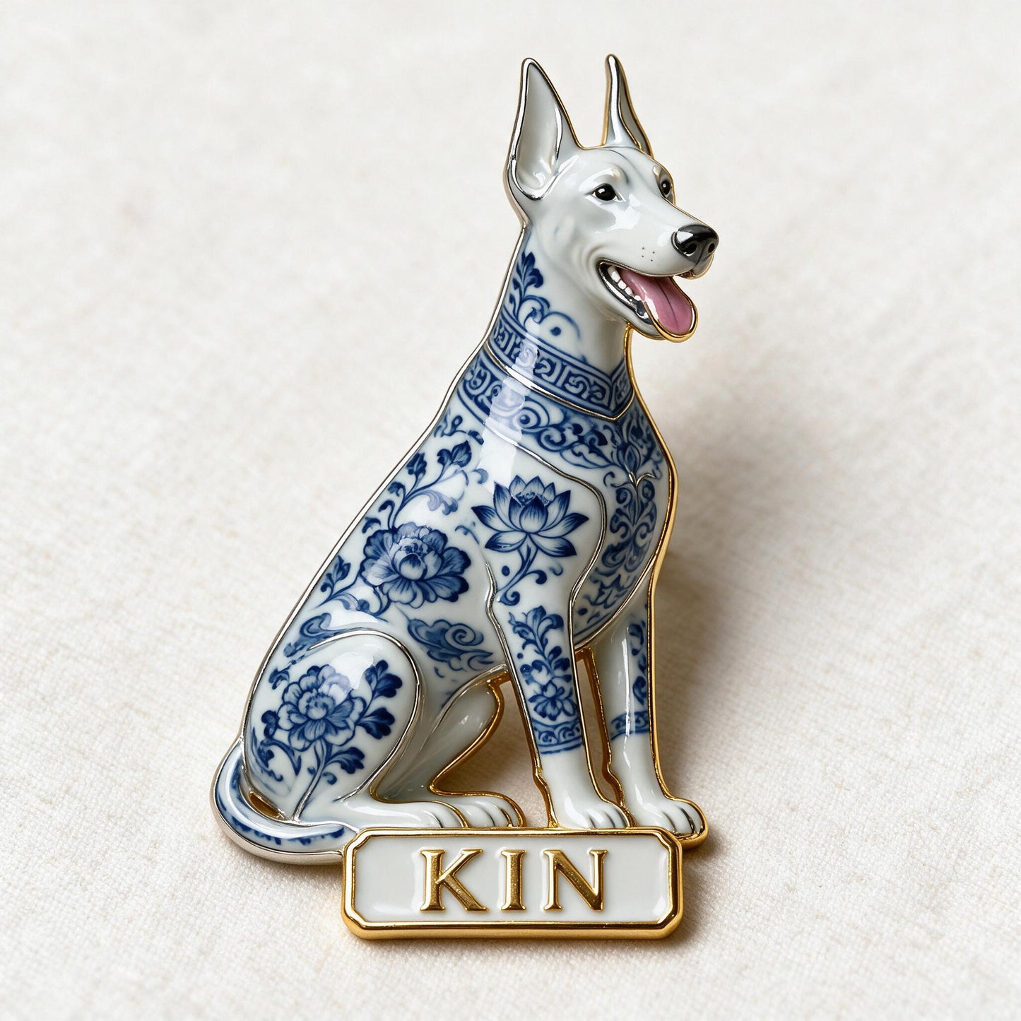 Blue and White Porcelain Great Dane Personalized 3D Embossed Enamel Pin, Custom Dog Owner Gift Accessory