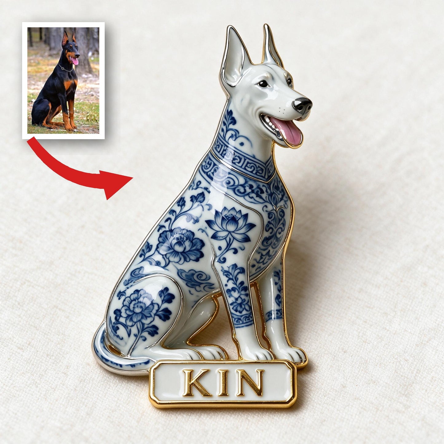 Blue and White Porcelain Great Dane Personalized 3D Embossed Enamel Pin, Custom Dog Owner Gift Accessory
