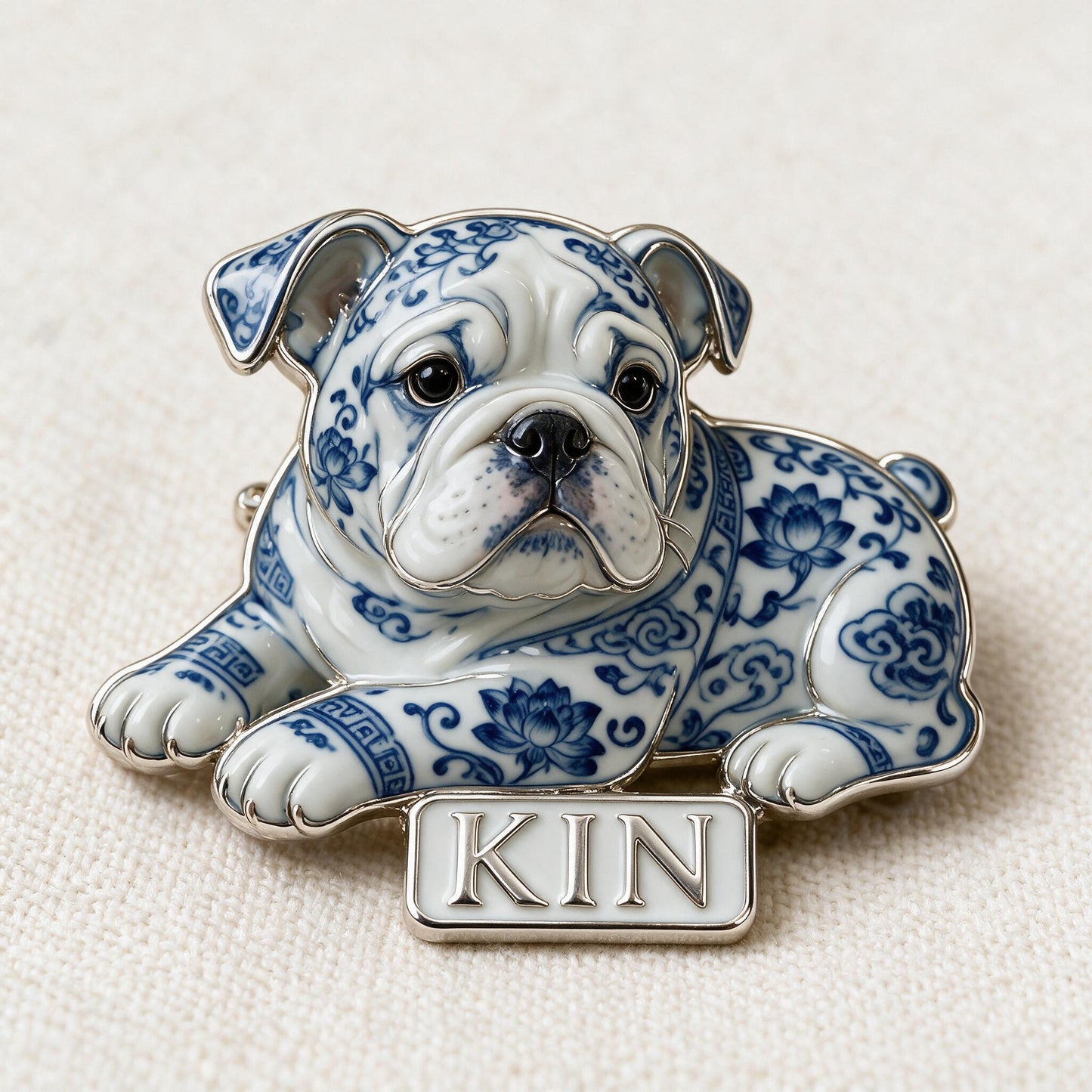 Personalized Blue & White Porcelain English Bulldog 3D Embossed Enamel Pin, Dog Lover Gift Accessory