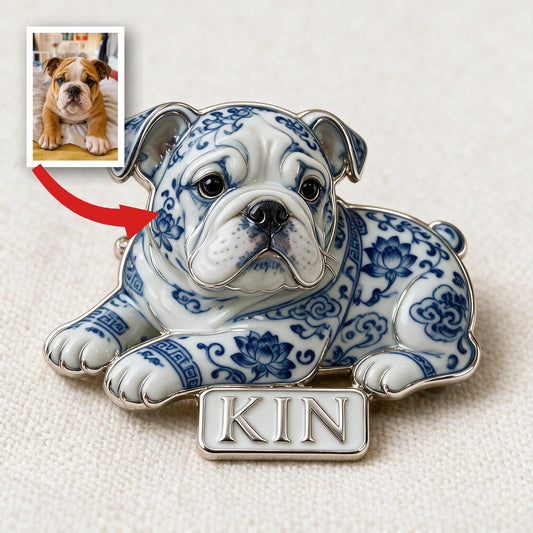 Épinglette Émaillée Personnalisée Bulldog Anglais 3D en Porcelaine Bleue et Blanche, Cadeau pour Amoureux des Chiens
