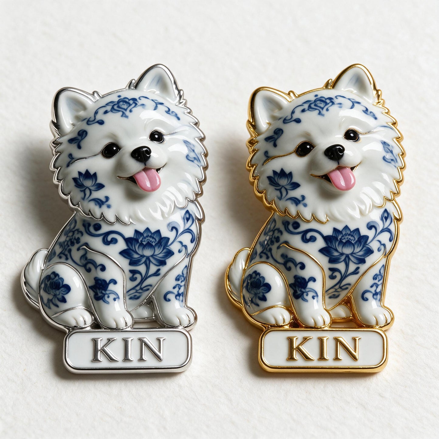 Personalized Blue and White Porcelain Fluffy Pomeranian 3D Embossed Enamel Pin, Dog Lover Gift