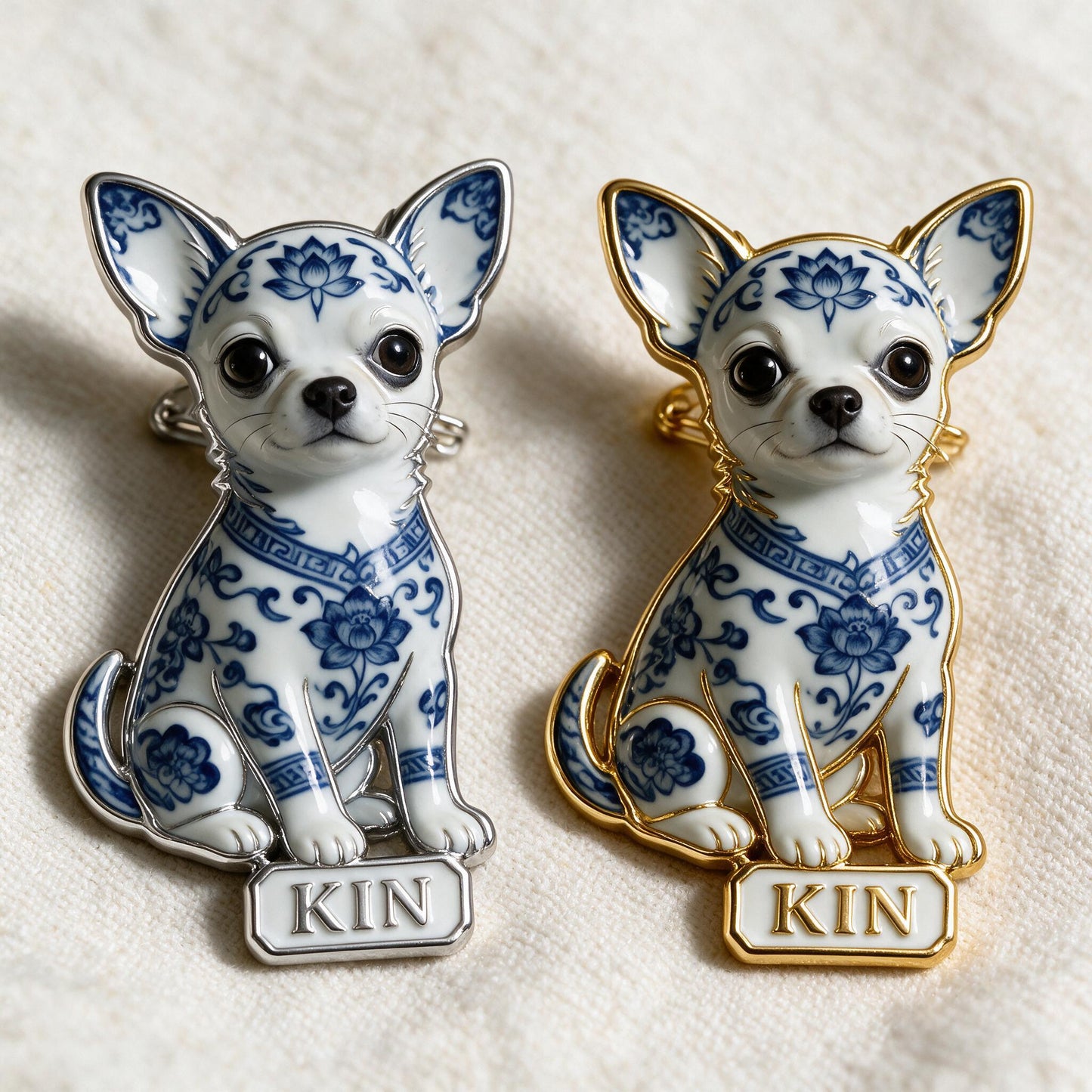 Personalized Blue & White Porcelain Chihuahua 3D Embossed Enamel Pin, Cute Custom Gift for Chihuahua Dog Lovers