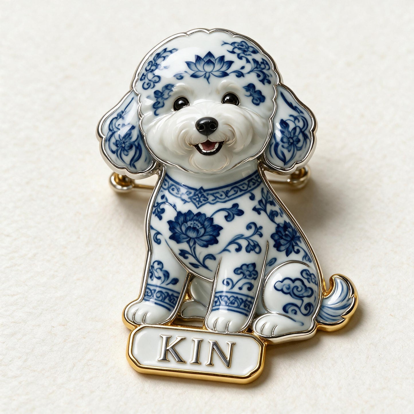 Personalized Blue & White Porcelain Fluffy Poodle 3D Embossed Enamel Pin, Poodle Owner Gift Accessory