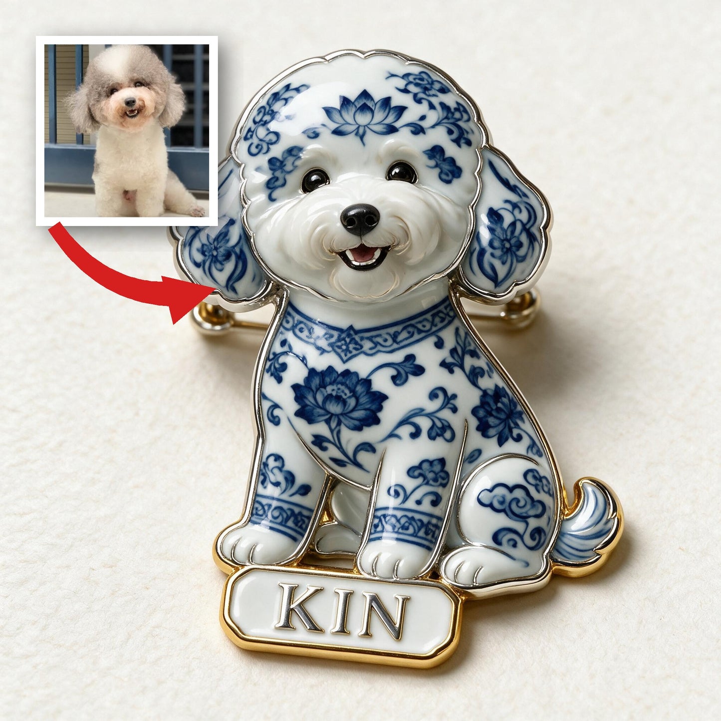 Personalized Blue & White Porcelain Fluffy Poodle 3D Embossed Enamel Pin, Poodle Owner Gift Accessory