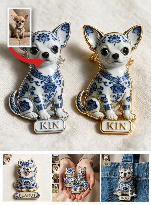 Personalized Blue & White Porcelain Chihuahua 3D Embossed Enamel Pin, Cute Custom Gift for Chihuahua Dog Lovers