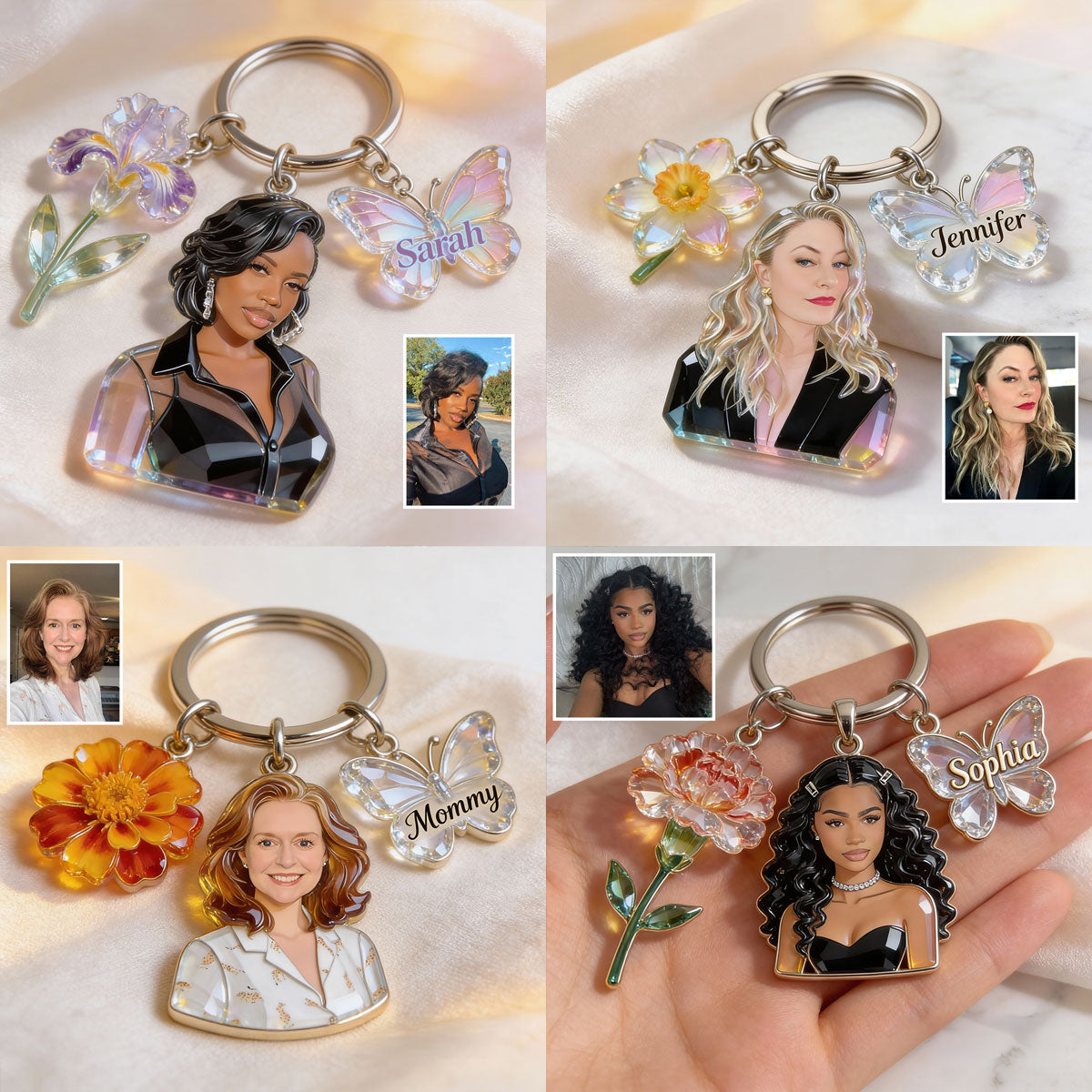 Custom Personalized Mom Portrait Keychain with Crystal Rose & Butterfly Charms, Sentimental Gift for Grandmother