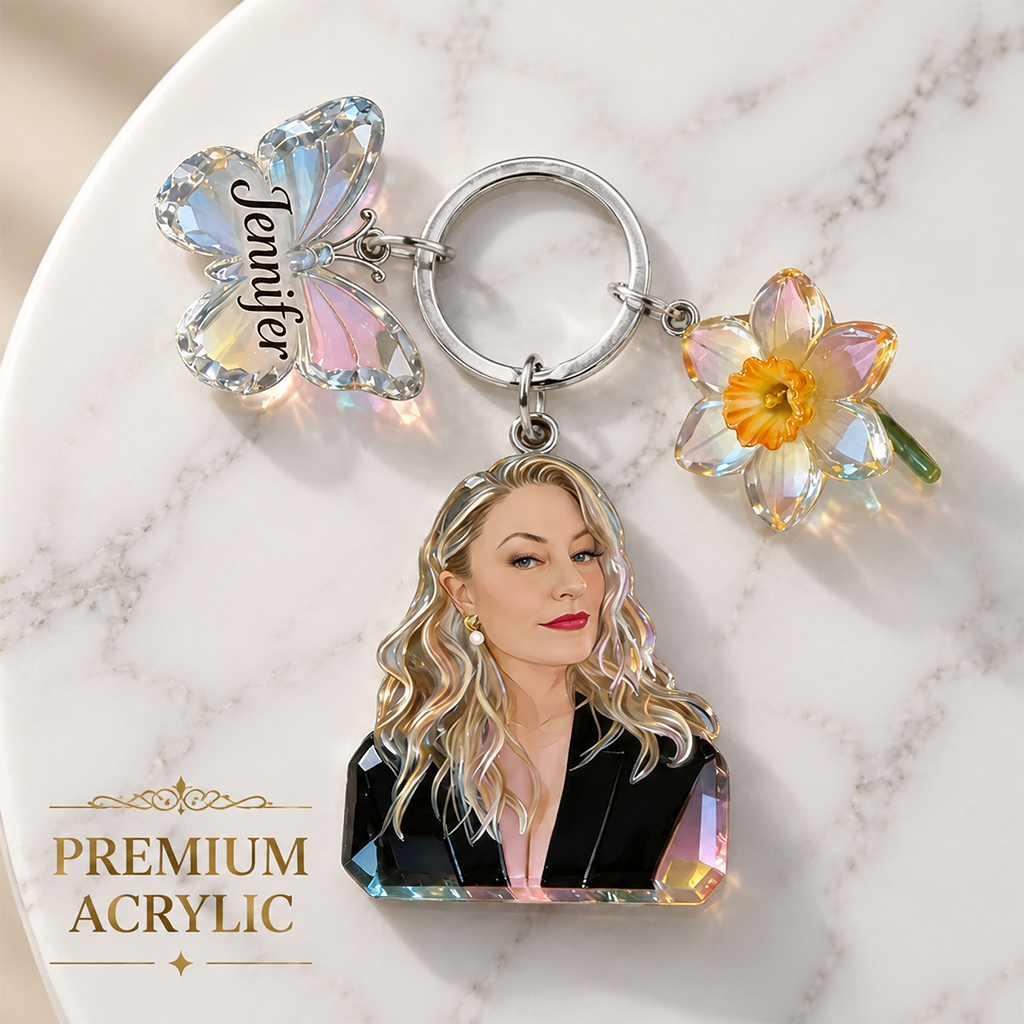 Personalized Black Mom Portrait Keychain - Custom Keepsake Gift For Grandma With Peony, Butterfly and Name Charms