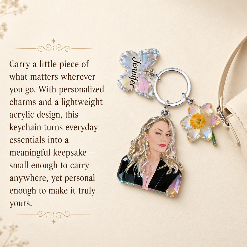 Personalized Black Mom Portrait Keychain - Custom Keepsake Gift For Grandma With Peony, Butterfly and Name Charms