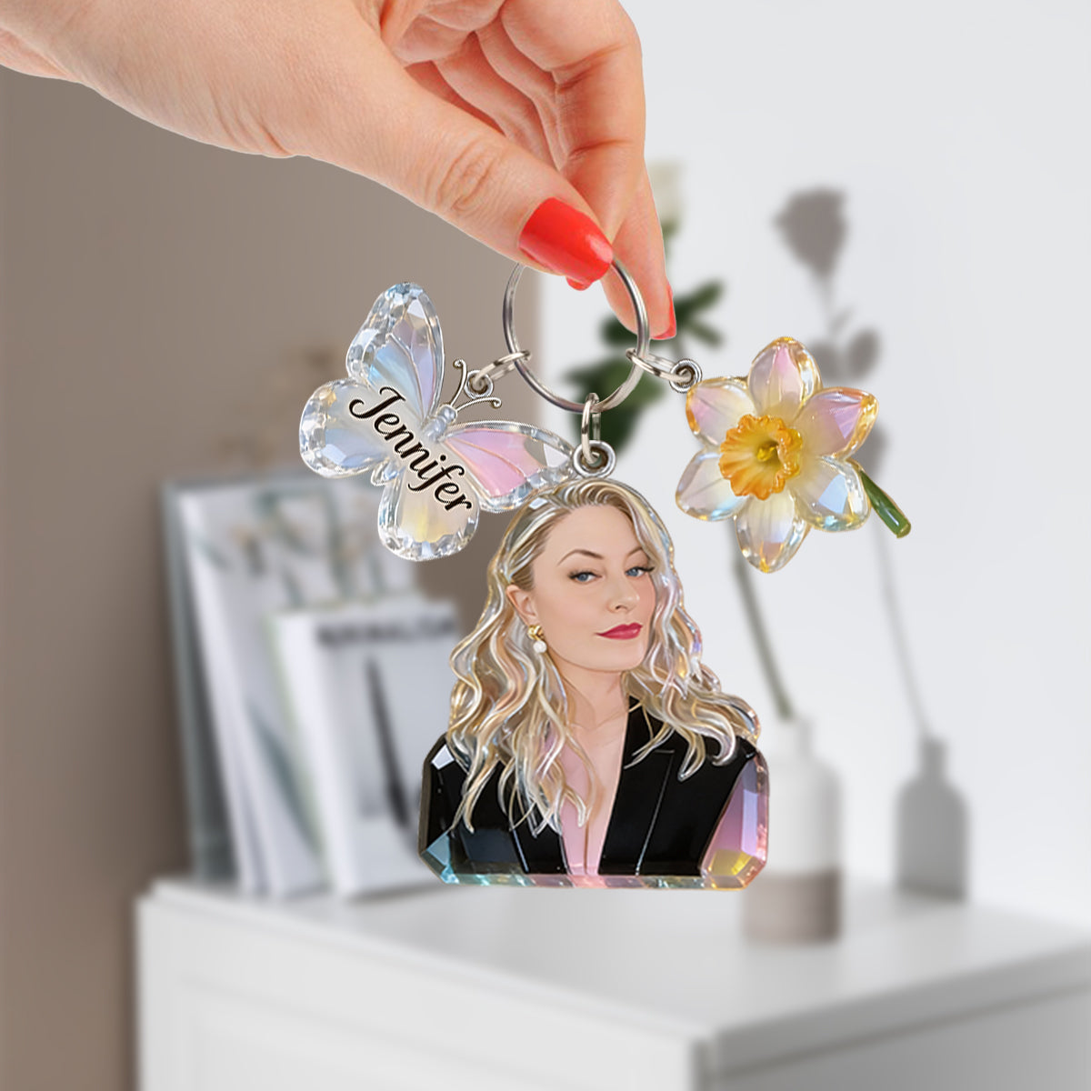Custom Personalized Mom Portrait Keychain with Crystal Rose & Butterfly Charms, Sentimental Gift for Grandmother