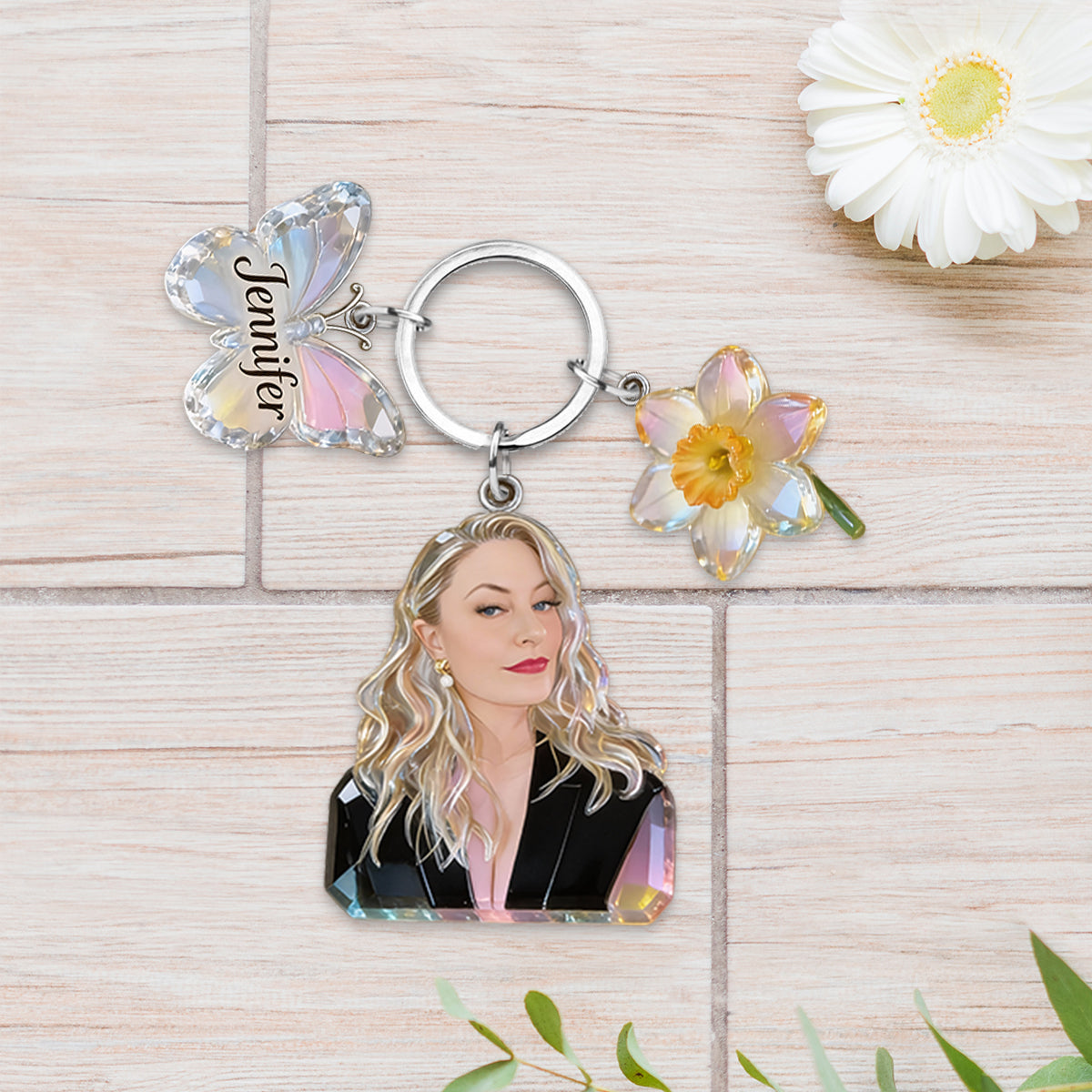 Custom Personalized Mom Portrait Keychain with Crystal Rose & Butterfly Charms, Sentimental Gift for Grandmother
